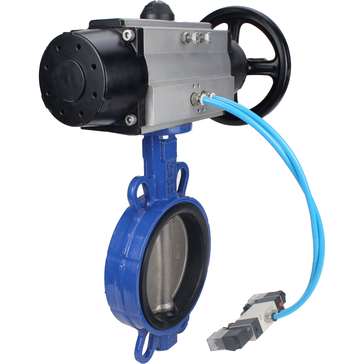 Water Butterfly Valve Elephant WBV1132N-2W-Fb body material - Cast iron GG25/EN-GJL-250, disk material - Stainless steel AISI 316L/1.4404, seal - NBR with pneumatic actuator double acting PA-DA-105-1, pneumatic distributor 4V320-10 220V