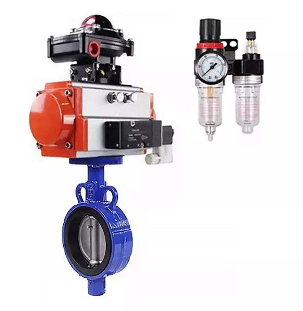 Water Butterfly Valve Elephant WBV3432N-2W-Fb-H, body material - carbon steel, disk material - stainless steel AISI 316L, seal - NBR, with pneumatic actuator double action PA-DA, 4M310-08 NAMUR 220V, LSU APL-510N-EX, ATU AFC2000