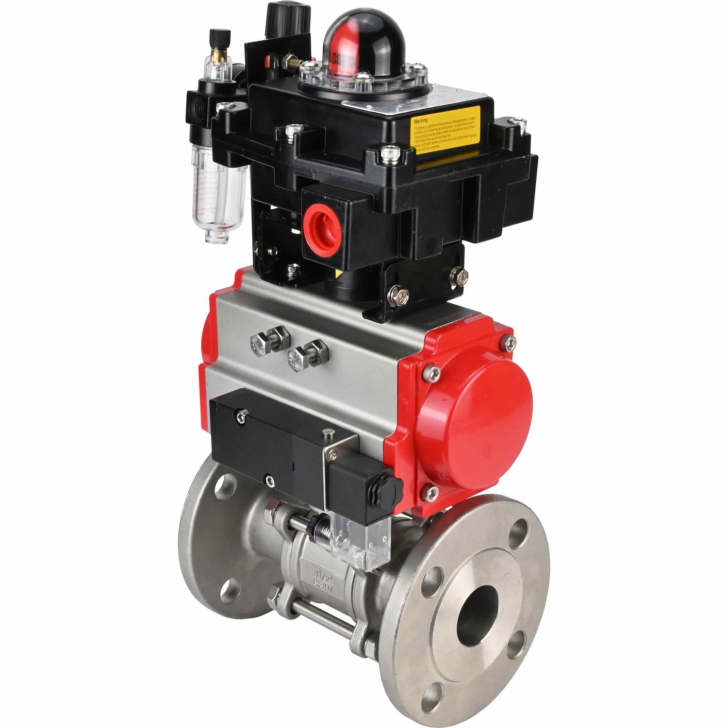 Stainless steel ball valve Elephant BVFPT-ISO,316,180 three-part, body material - stainless steel SS316, seal - PTFE, flanged, full port, pneumatic actuator Elephant DA, pneumatic distributor 4M310-08 NAMUR  24 V, limit switch block APL-410N EX, air