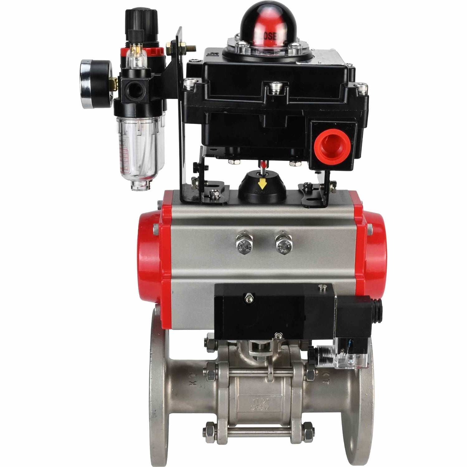 Stainless steel ball valve Elephant BVFPT-ISO,304,180 three-part, body material - stainless steel SS304, seal - PTFE, flanged, full port, pneumatic actuator Elephant DA, pneumatic distributor 4M310-08 NAMUR  220 V, limit switch block APL-410N EX, air