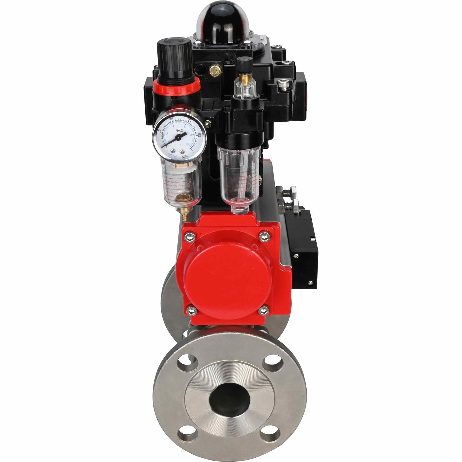 Stainless steel ball valve Elephant BVFPT-ISO,304,180 three-part, body material - stainless steel SS304, seal - PTFE, flanged, full port, pneumatic actuator Elephant SA, pneumatic distributor 4M310-08 NAMUR  24 V, limit switch block APL-410N EX, air