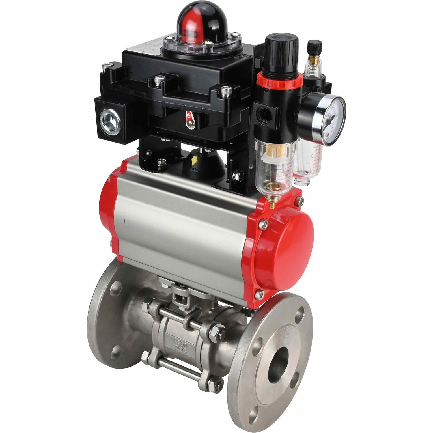 Stainless steel ball valve Elephant BVFPT-ISO,304,180 three-part, body material - stainless steel SS304, seal - PTFE, flanged, full port, pneumatic actuator Elephant SA, pneumatic distributor 4M310-08 NAMUR  220 V, limit switch block APL-410N EX, air