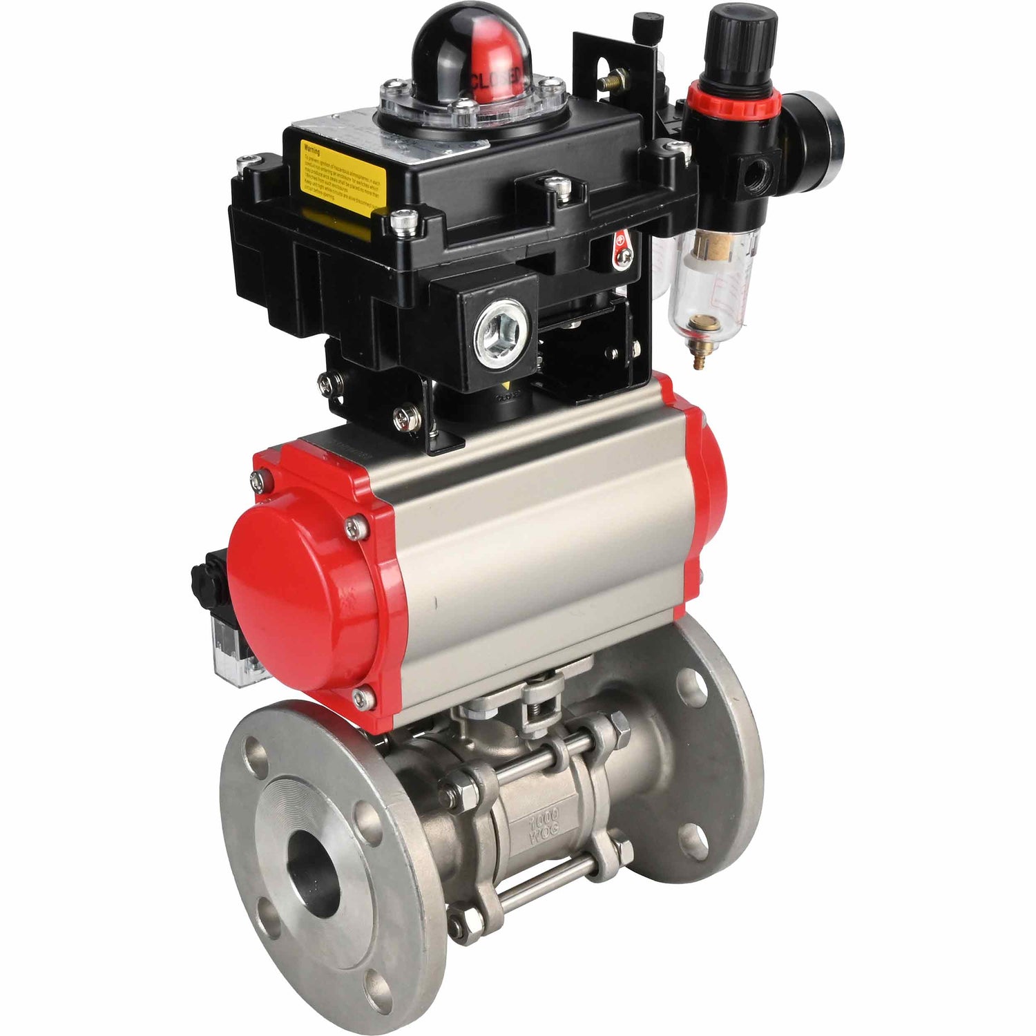 Stainless steel ball valve Elephant BVFPT-ISO,316,180 three-part, body material - stainless steel SS316, seal - PTFE, flanged, full port, pneumatic actuator Elephant SA, pneumatic distributor 4M310-08 NAMUR  220 V, limit switch block APL-410N EX, air