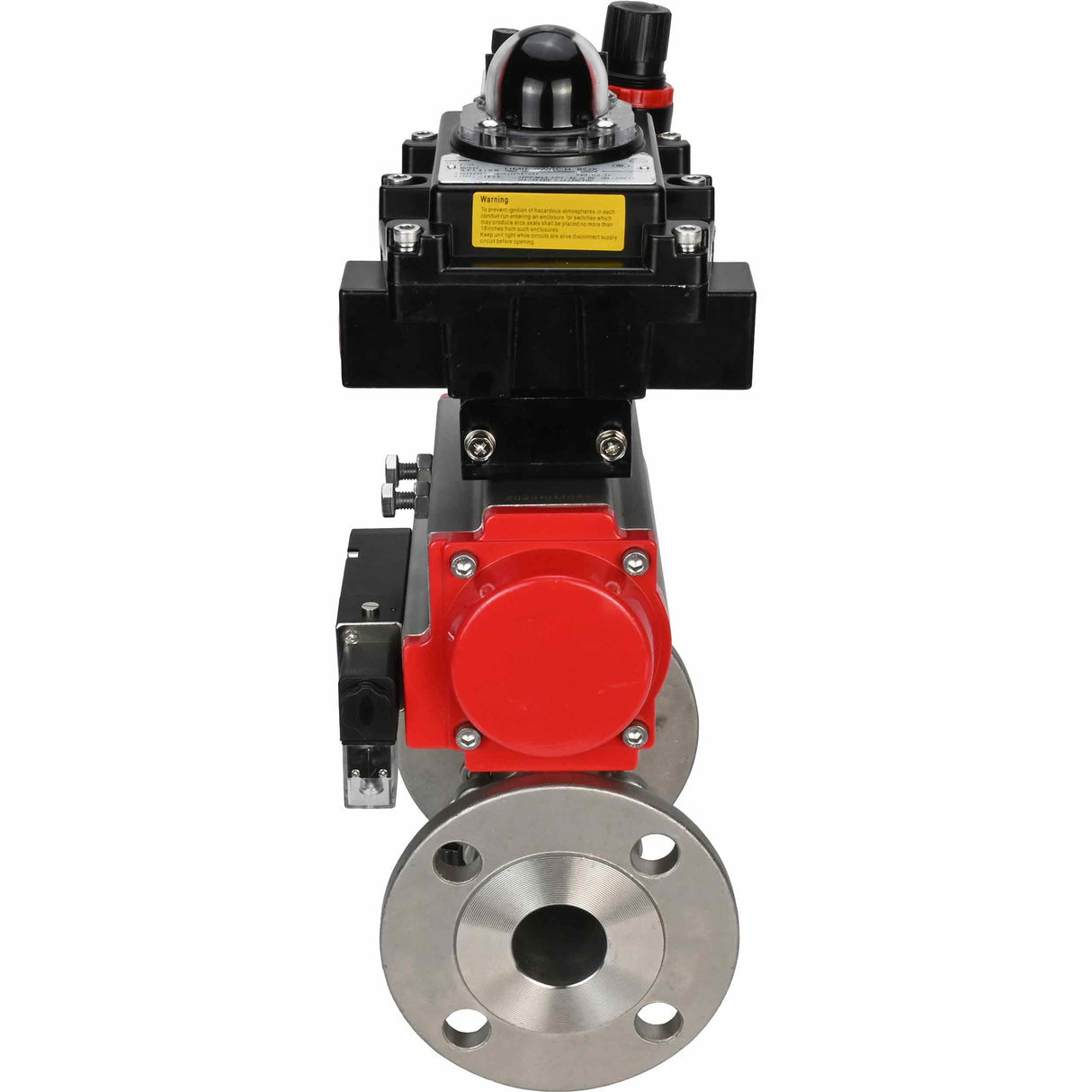 Stainless steel ball valve Elephant BVFPT-ISO,316,180 three-part, body material - stainless steel SS316, seal - PTFE, flanged, full port, pneumatic actuator Elephant DA, pneumatic distributor 4M310-08 NAMUR  220 V, limit switch block APL-410N EX, air