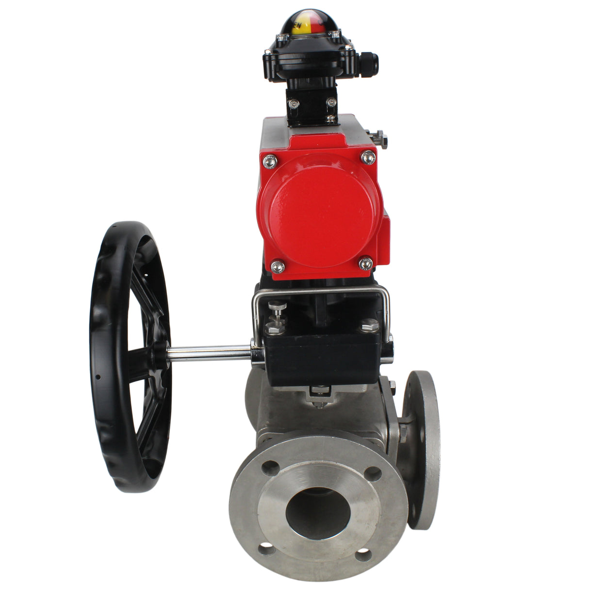 Ball valves Elephant BV3232P(4pc)-FP-3WL-F-ISO-H 16 bar full bore, flanged, body - stainless steel SS316, ISO flange F03/F04-F10/F12, square 9x9-19x19, with pneumatic drive PA-DA double action, LSU APL-210N and manual Doubler MON3-700-T38