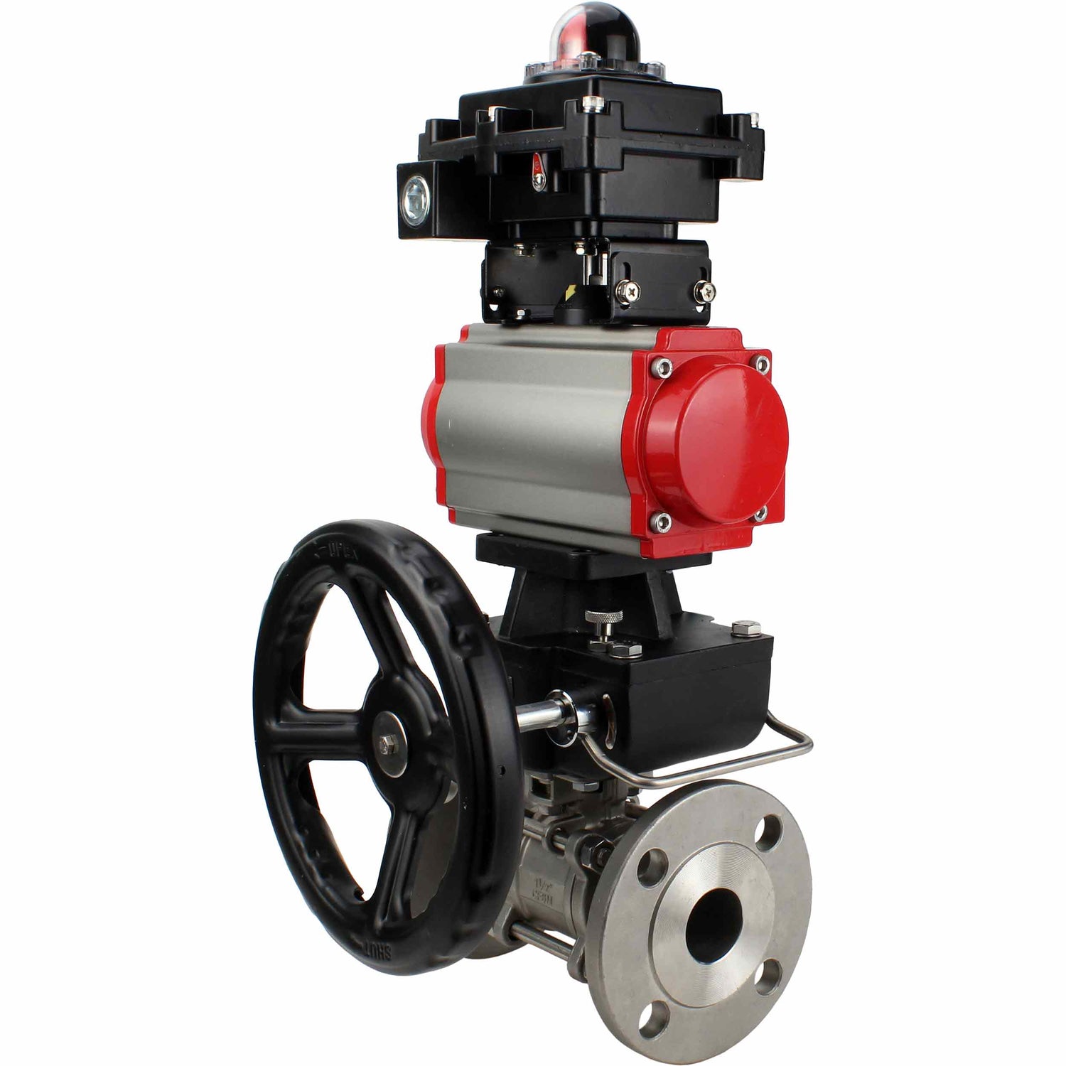Stainless steel ball valve Elephant BVFPT-ISO.316.180 three-part, body material - stainless steel SS316, seal - PTFE, flanged, full port, pneumatic actuator Elephant DA, pneumatic distributor 4M310-08 NAMUR  220 V, limit switch block APL-410N EX, manual