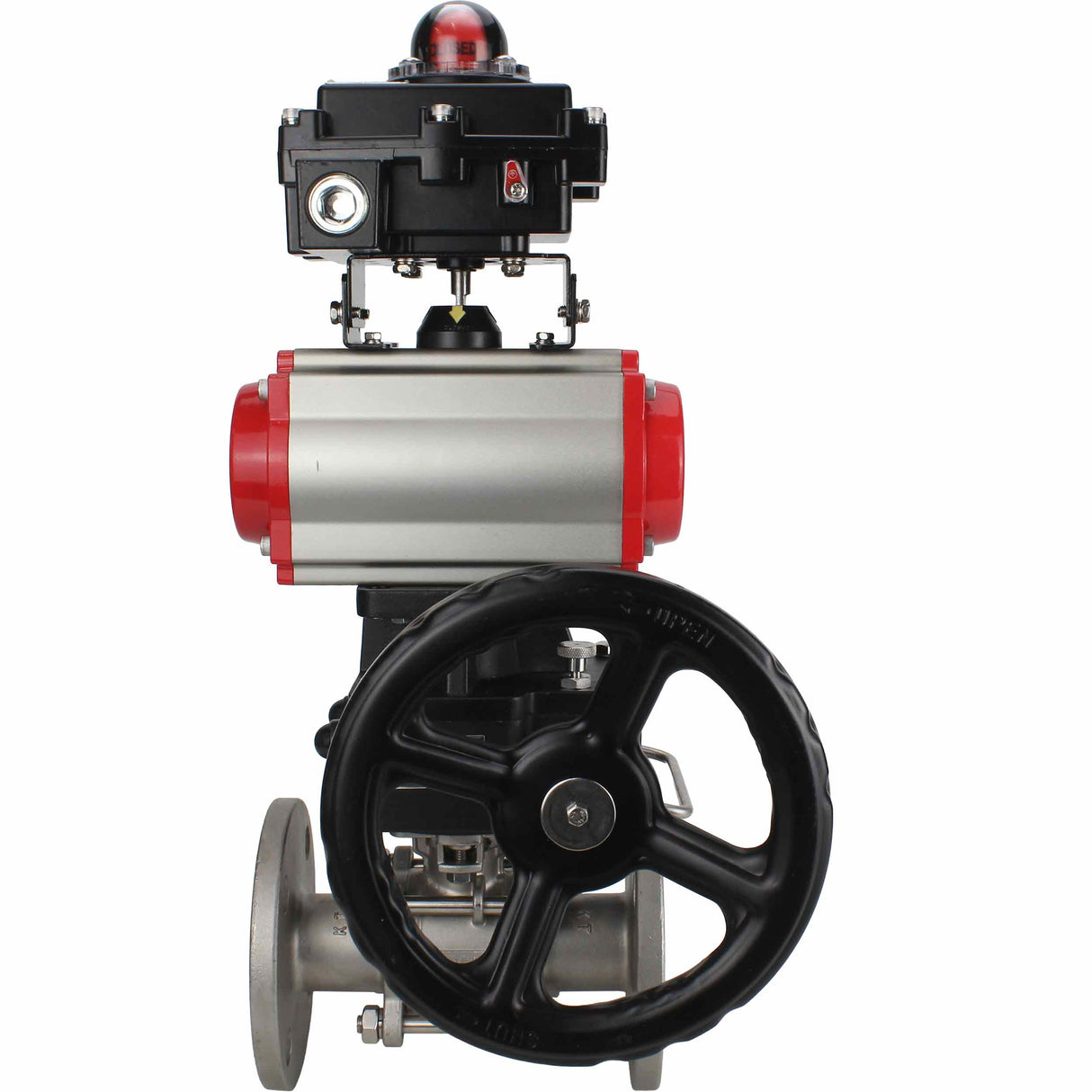 Stainless steel ball valve Elephant BVFPT-ISO,316,180 three-part, body material - stainless steel SS316, seal - PTFE, flanged, full port, pneumatic actuator Elephant DA, limit switch block APL-410N EX, manual override HDM