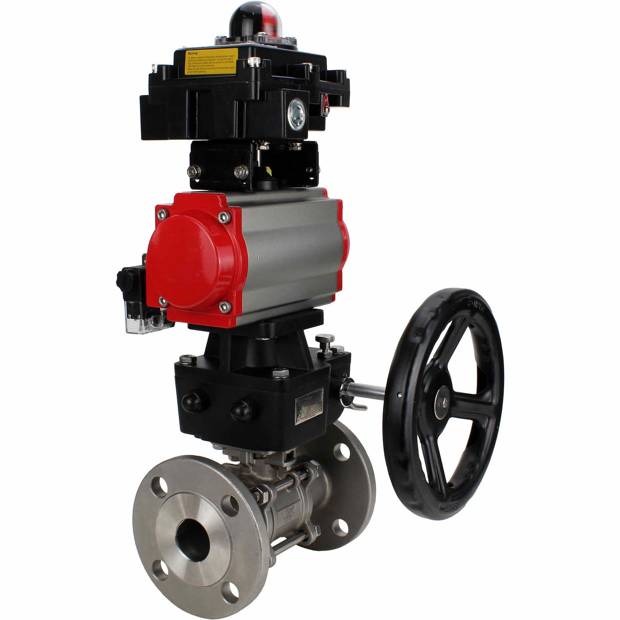 Stainless steel ball valve Elephant BVFPT-ISO.316.180 three-part, body material - stainless steel SS316, seal - PTFE, flanged, full port, pneumatic actuator Elephant DA, pneumatic distributor 4M310-08 NAMUR  24 V, limit switch block APL-410N EX, manual