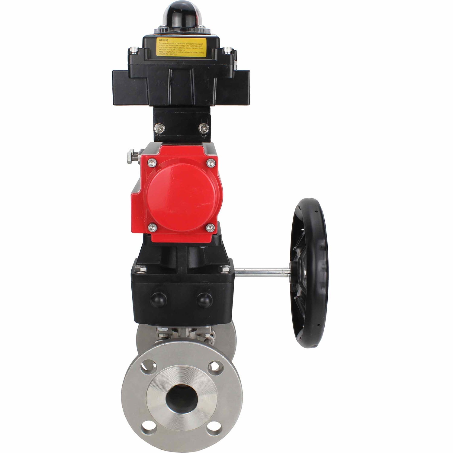 Stainless steel ball valve Elephant BVFPT-ISO,316,180 three-part, body material - stainless steel SS316, seal - PTFE, flanged, full port, pneumatic actuator Elephant DA, limit switch block APL-410N EX, manual override HDM