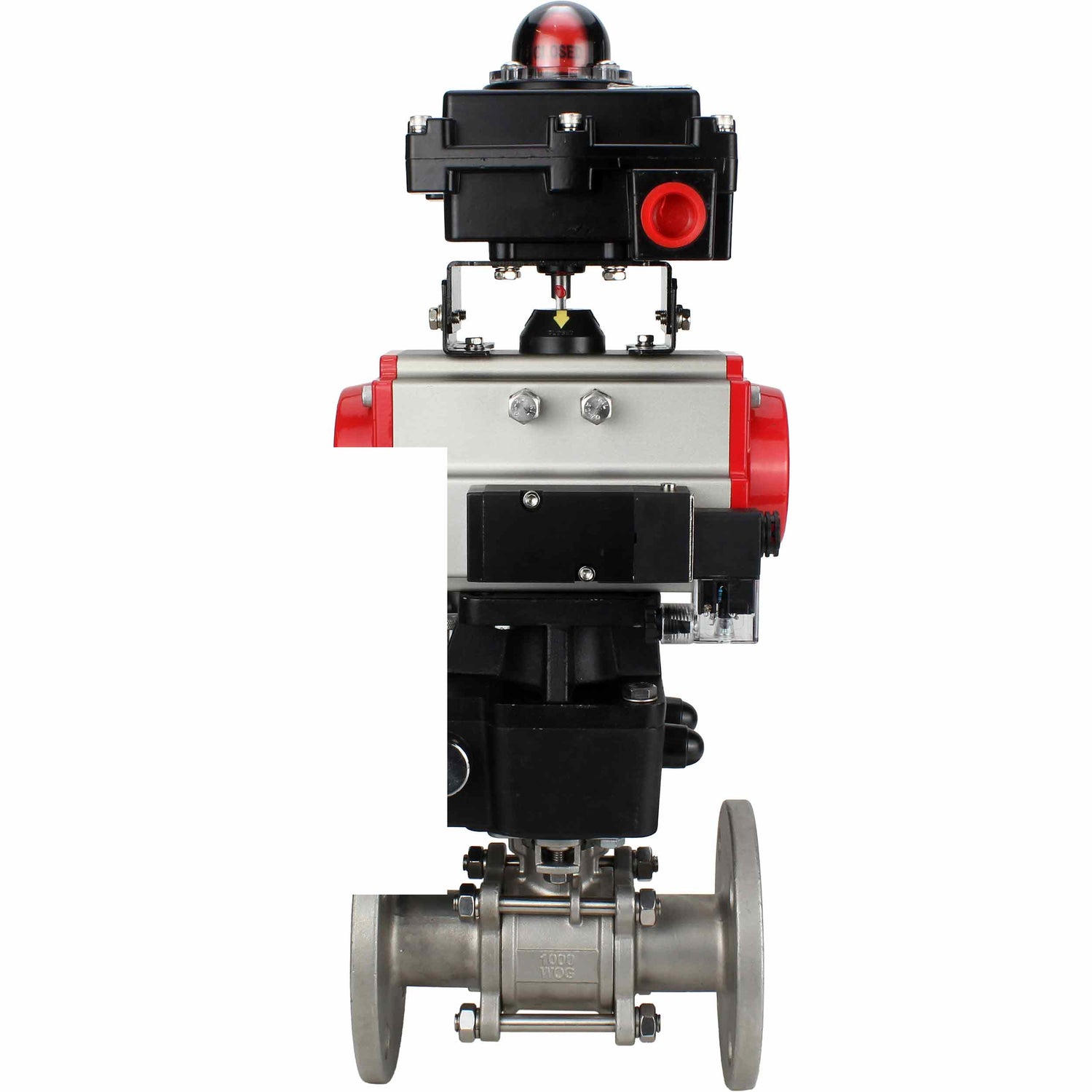 Stainless steel ball valve Elephant BVFPT-ISO.316.180 three-part, body material - stainless steel SS316, seal - PTFE, flanged, full port, pneumatic actuator Elephant DA, pneumatic distributor 4M310-08 NAMUR  220 V, limit switch block APL-410N EX, manual