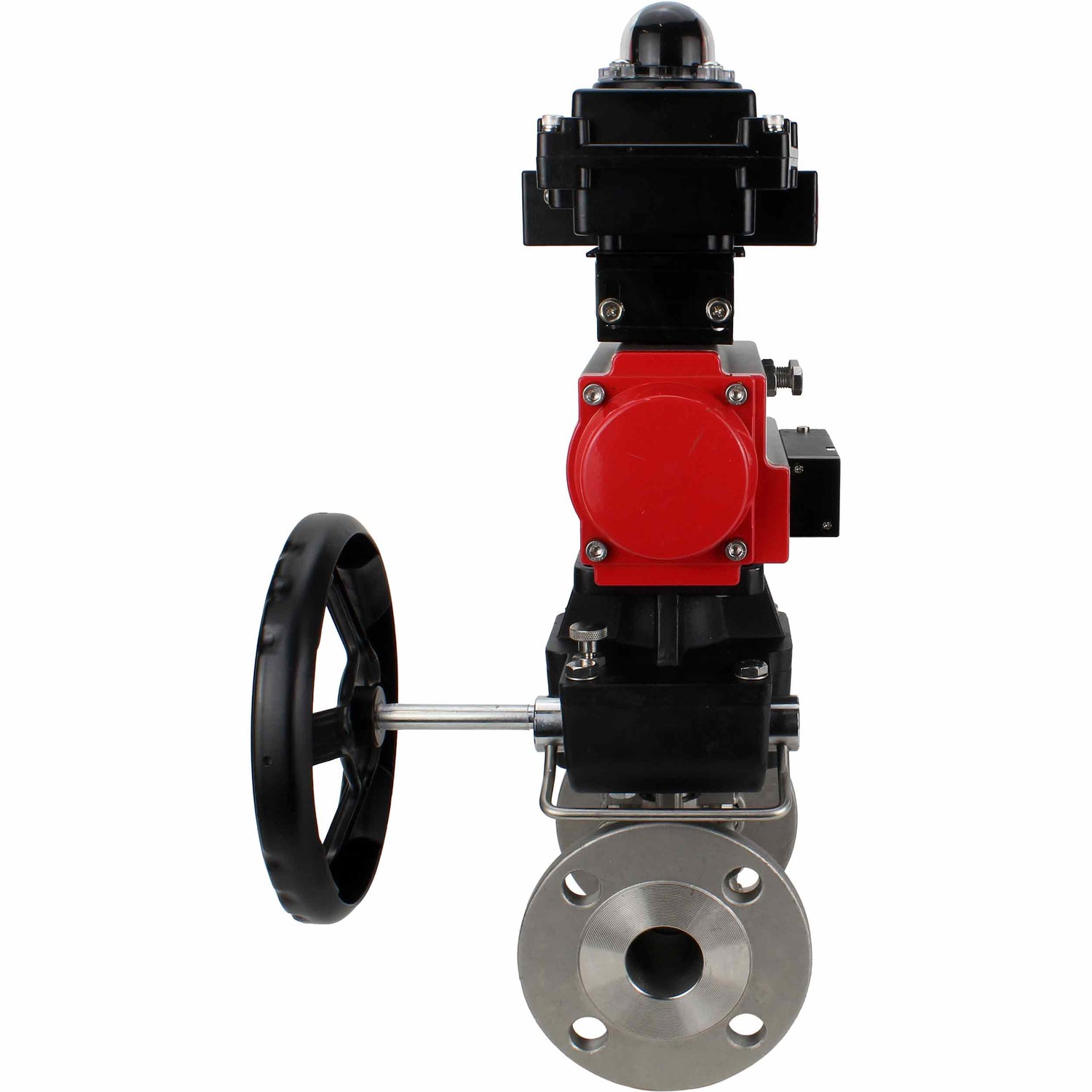 Stainless steel ball valve Elephant BVFPT-ISO.304.180 three-part, body material - stainless steel SS304, seal - PTFE, flanged, full port, pneumatic actuator Elephant DA, pneumatic distributor 4M310-08 NAMUR  24 V, limit switch block APL-410N EX, manual