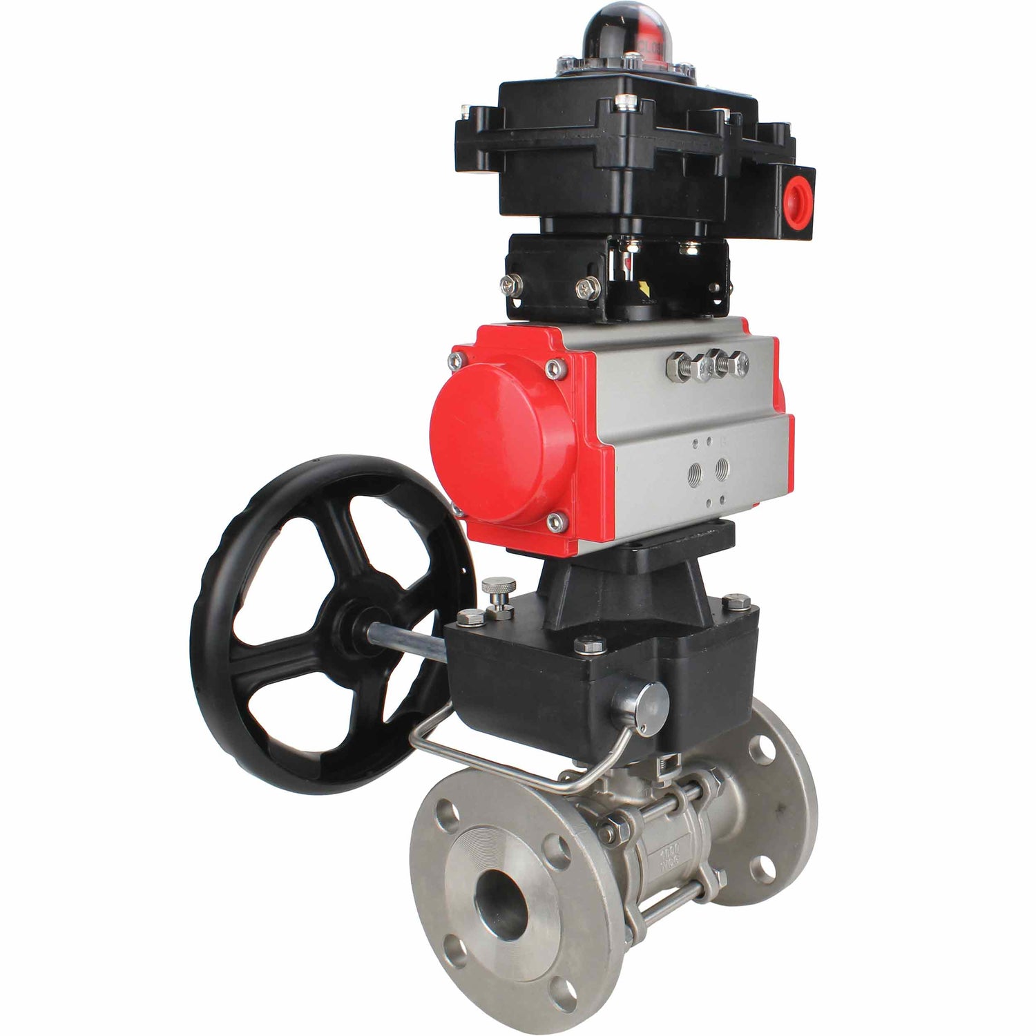 Stainless steel ball valve Elephant BVFPT-ISO,304,180 three-part, body material - stainless steel SS304, seal - PTFE, flanged, full port, pneumatic actuator Elephant DA, limit switch block APL-410N EX, manual override HDM