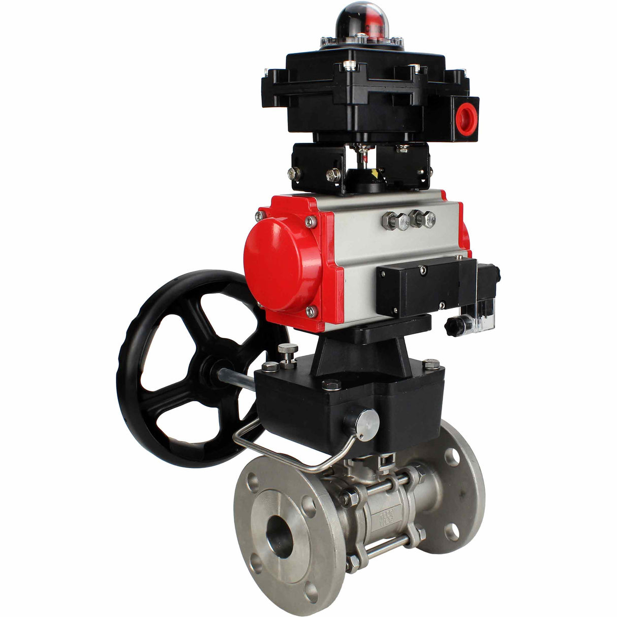 Stainless steel ball valve Elephant BVFPT-ISO.316.180 three-part, body material - stainless steel SS316, seal - PTFE, flanged, full port, pneumatic actuator Elephant DA, pneumatic distributor 4M310-08 NAMUR  24 V, limit switch block APL-410N EX, manual