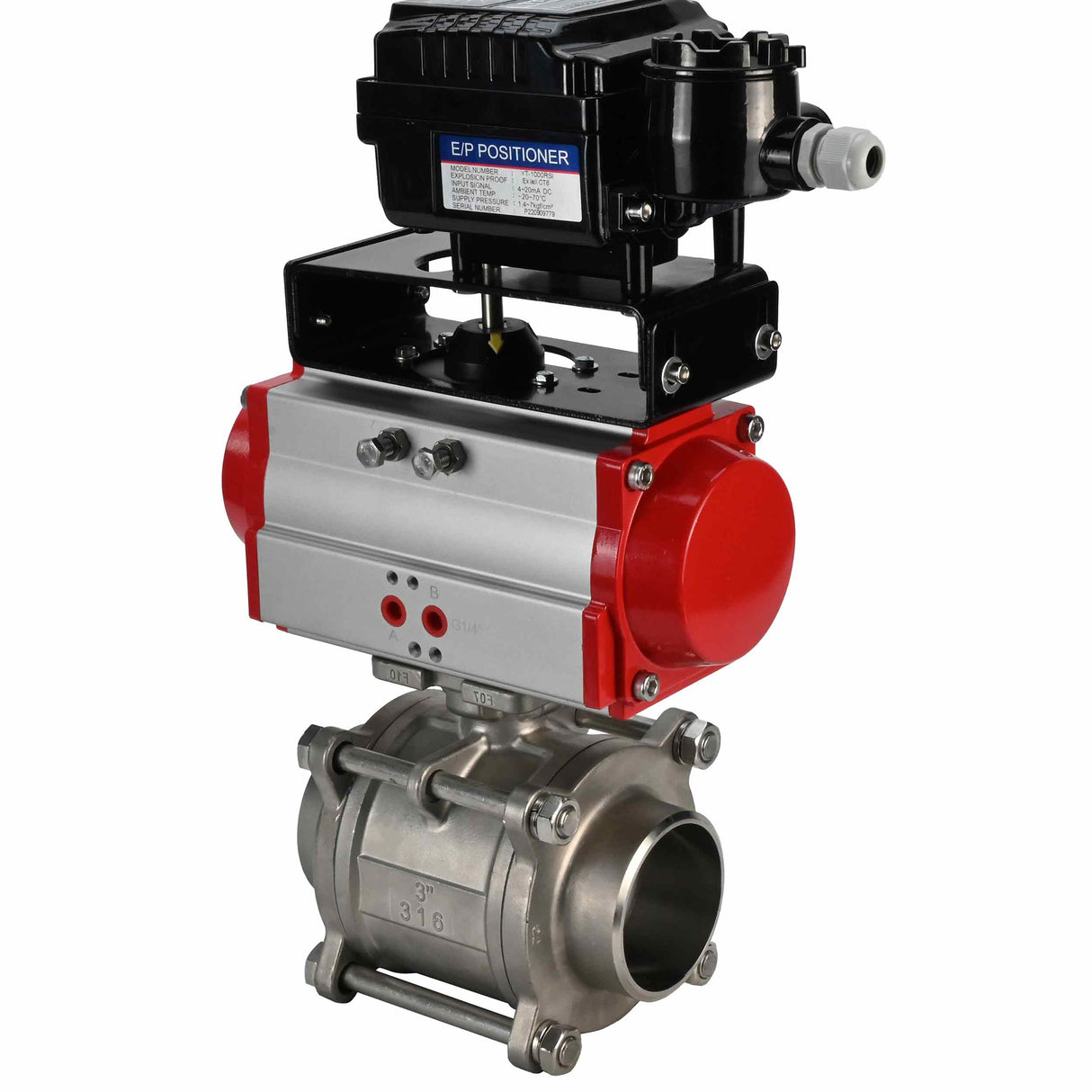 Stainless steel ball valve Elephant kshpp-316200-sa-yt1000rsn, body material - stainless steel AISI 316, ball material - stainless steel AISI 316, seal - PTFE, pneumatic actuator operated