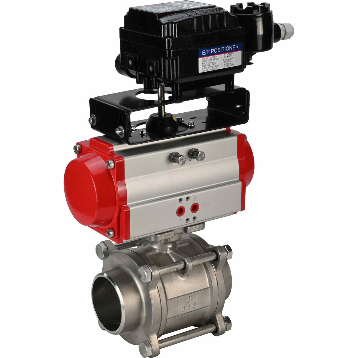 Stainless steel ball valve Elephant kshpp-316200-da-yt1000rsn, body material - stainless steel AISI 316, ball material - stainless steel AISI 316, seal - PTFE, pneumatic actuator operated