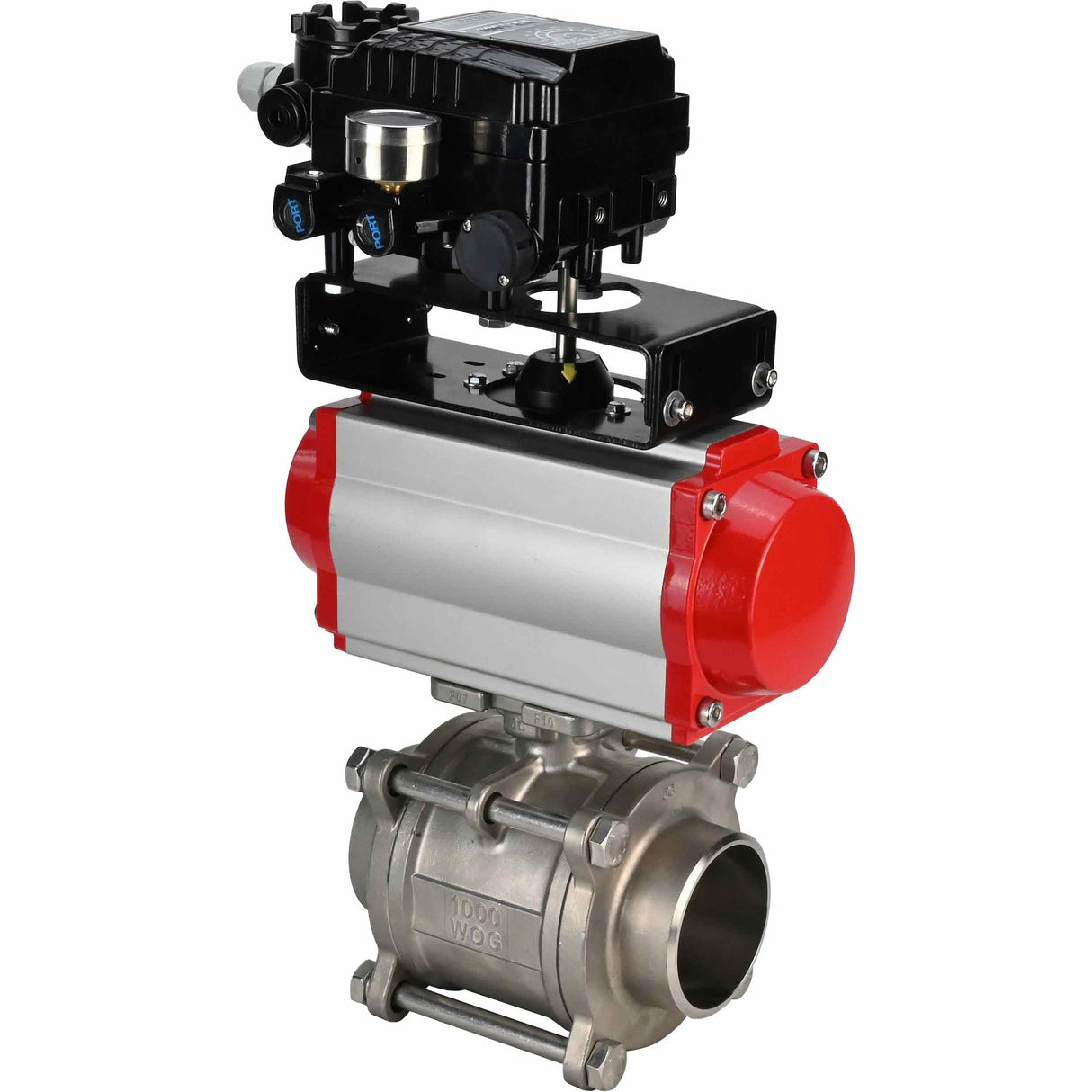 Stainless steel ball valve Elephant kshpp-316200-sa-yt1000rsi, body material - stainless steel AISI 316, ball material - stainless steel AISI 316, seal - PTFE, pneumatic actuator operated