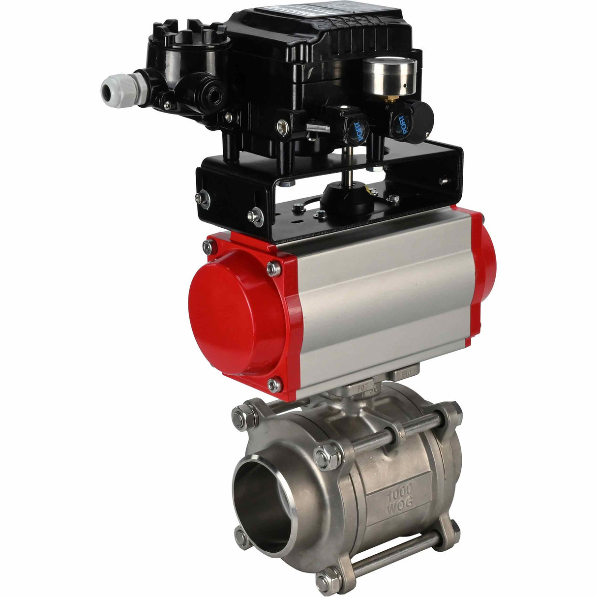 Stainless steel ball valve Elephant kshpp-316200-da-yt1000rsn, body material - stainless steel AISI 316, ball material - stainless steel AISI 316, seal - PTFE, pneumatic actuator operated