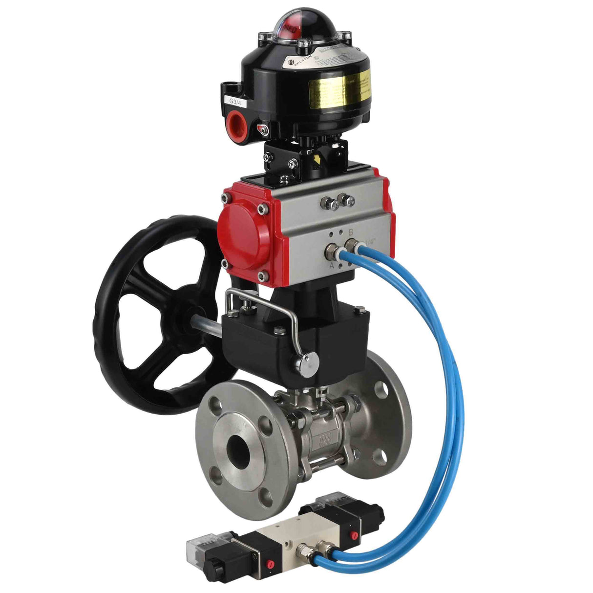 Ball valves Elephant BV3131P(3pc)-FP-F-ISO-H flanged, full bore, three-piece, stainless steel body. steel SS304, seal - PTFE, with pneumatic drive Elephant PA-DA 052-130 pneumatic distributor 4V320-08 gearbox MON LSU APL-510N-EX