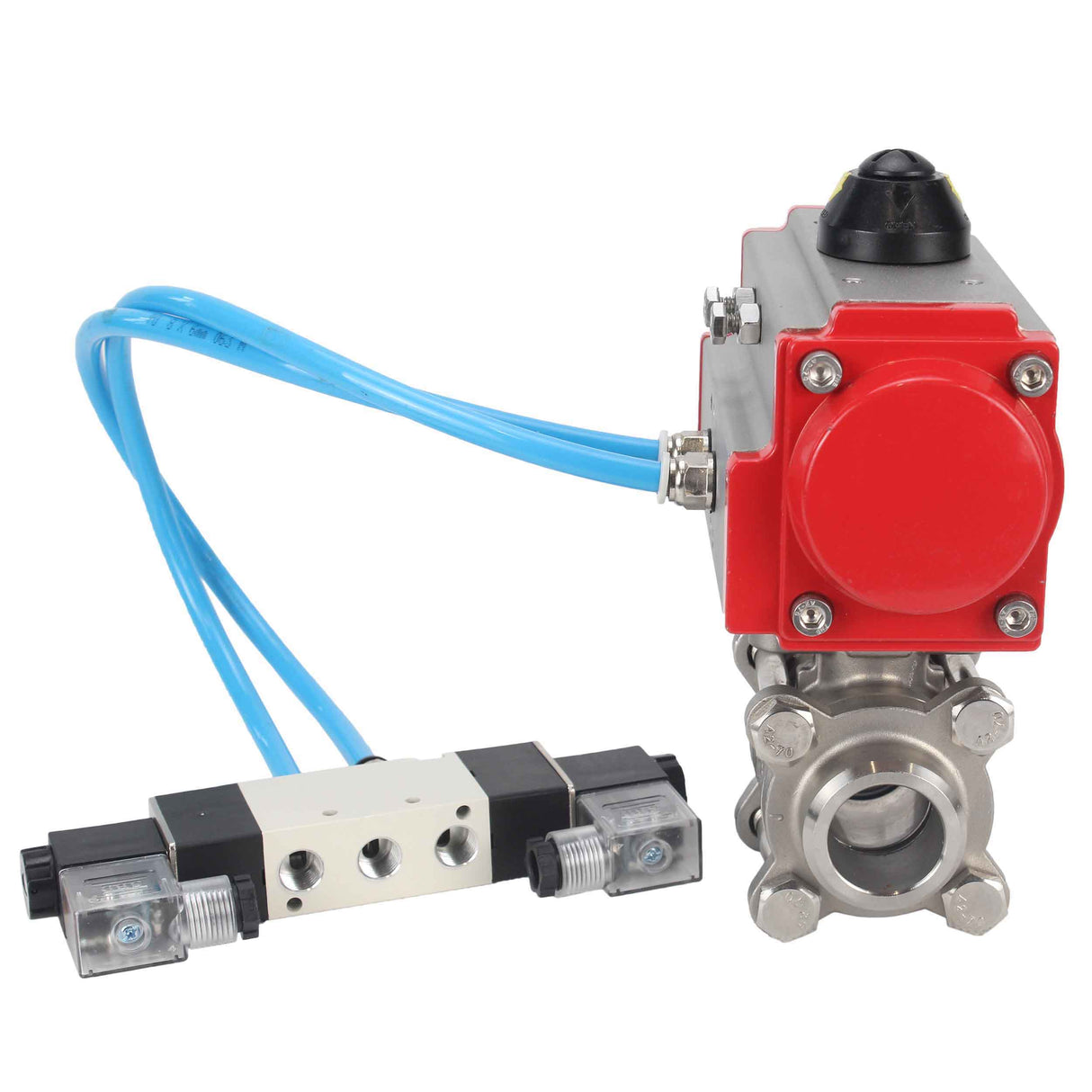 Ball valves Elephant BV3232P(3pc)-FP-W-ISO-H 16 bar/25, full bore for welding, stainless steel SS316, seal - PTFE, with double-acting PA-DA pneumatic actuator, with pneumatic distributor 4V320-08 220V