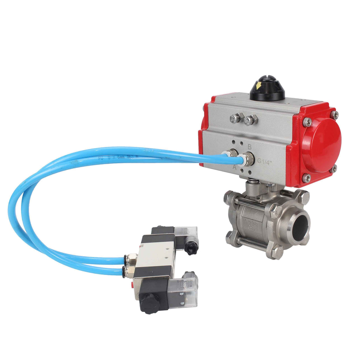Ball valves Elephant BV3232P(3pc)-FP-W-ISO-H 16 bar/25, full bore for welding, stainless steel SS316, seal - PTFE, with double-acting PA-DA pneumatic actuator, with pneumatic distributor 4V320-10 220V