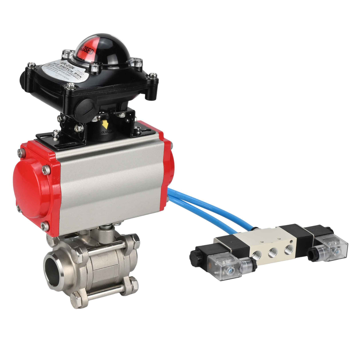 Ball valves Elephant BV3232P(3pc)-FP-W-ISO-H 16 bar/25, full bore for welding, stainless steel SS316, seal - PTFE, with double-acting PA-DA pneumatic actuator, with pneumatic distributor 4V320-10 220V, with LSU APL-210N