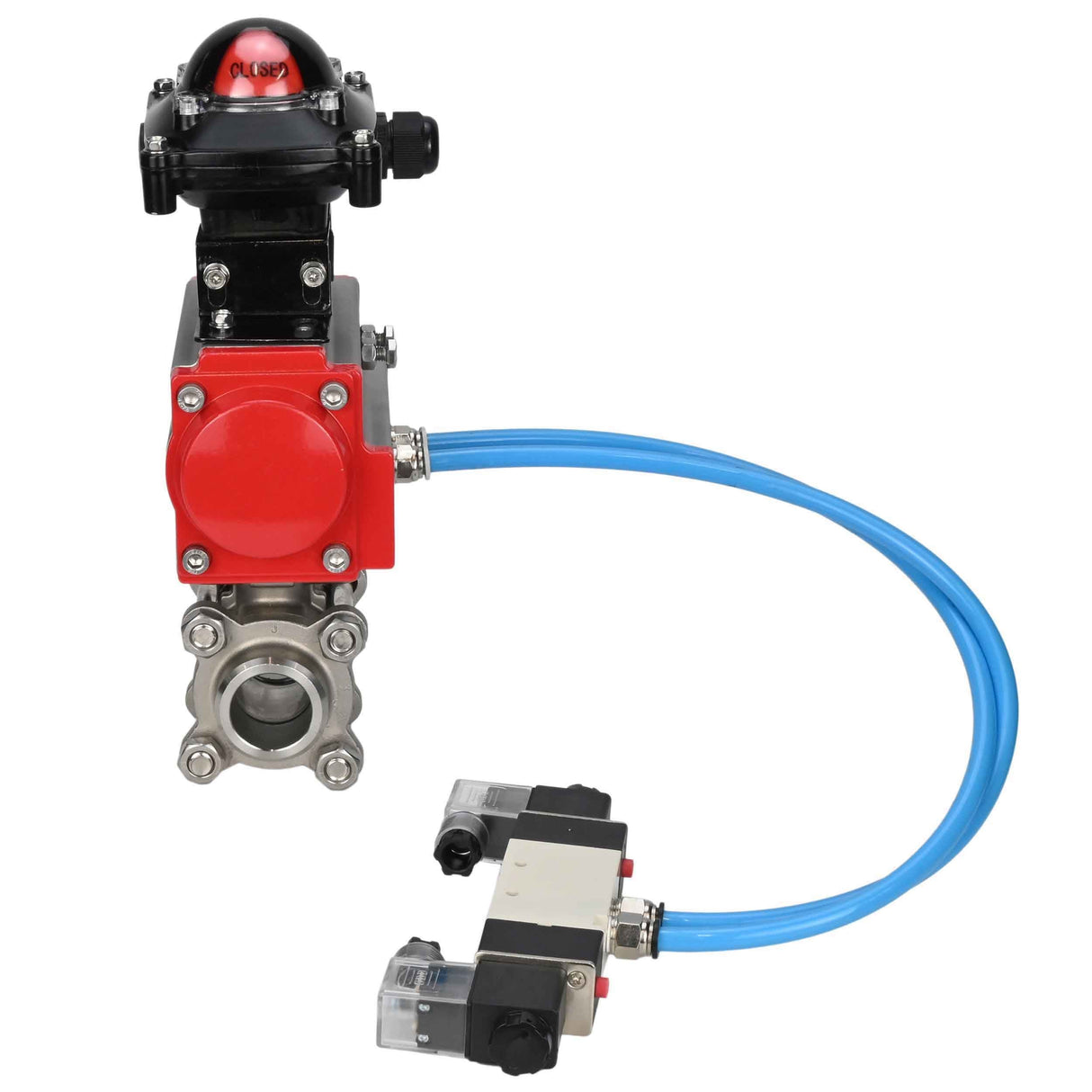 Ball valves Elephant BV3232P(3pc)-FP-W-ISO-H 16 bar/25, full bore for welding, stainless steel SS316, seal - PTFE, with double-acting PA-DA pneumatic actuator, with pneumatic distributor 4V320-10 220V, with LSU APL-210N