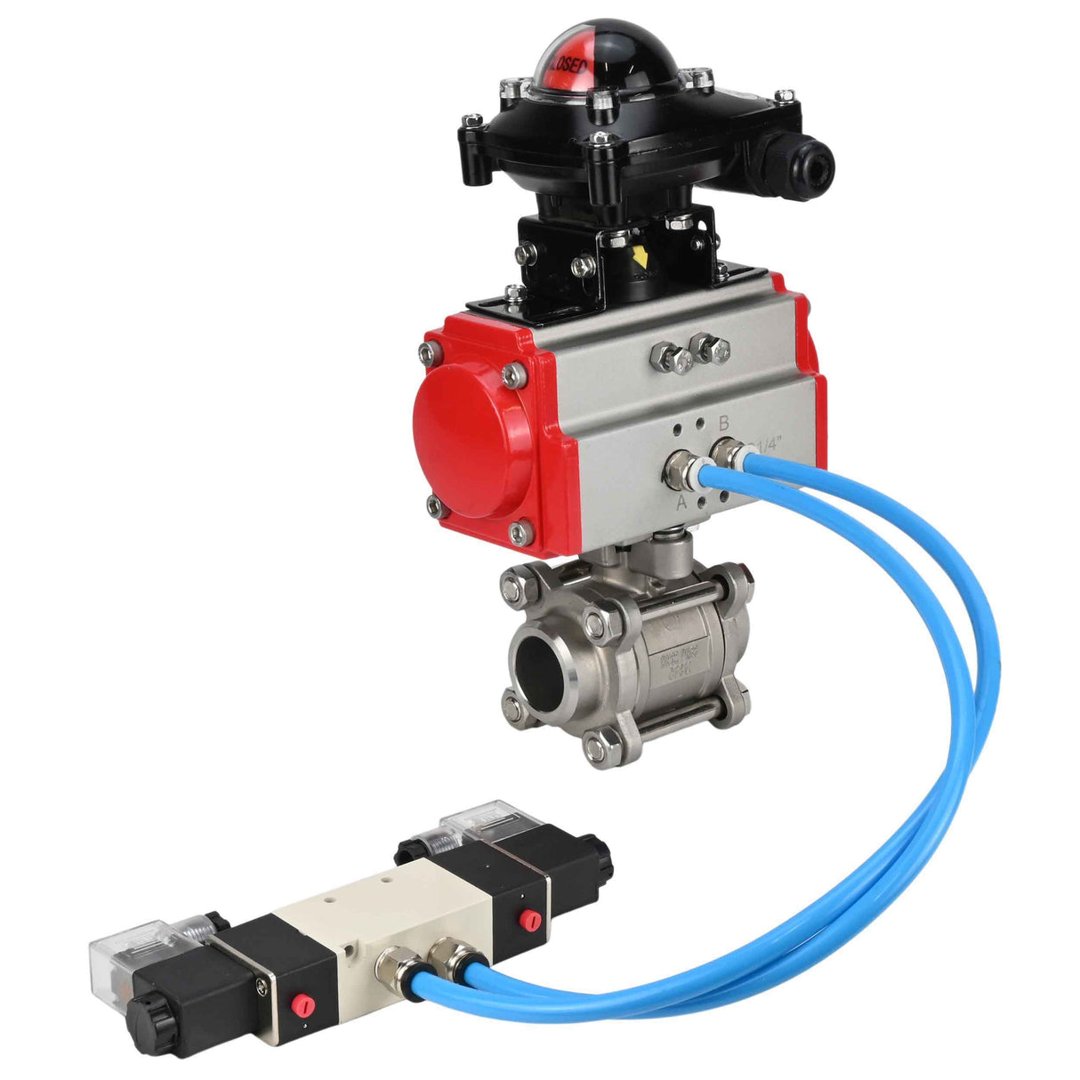 Ball valves Elephant BV3232P(3pc)-FP-W-ISO-H 16 bar/25, full bore for welding, stainless steel SS316, seal - PTFE, with double-acting PA-DA pneumatic actuator, with pneumatic distributor 4V320-10 220V, with LSU APL-210N