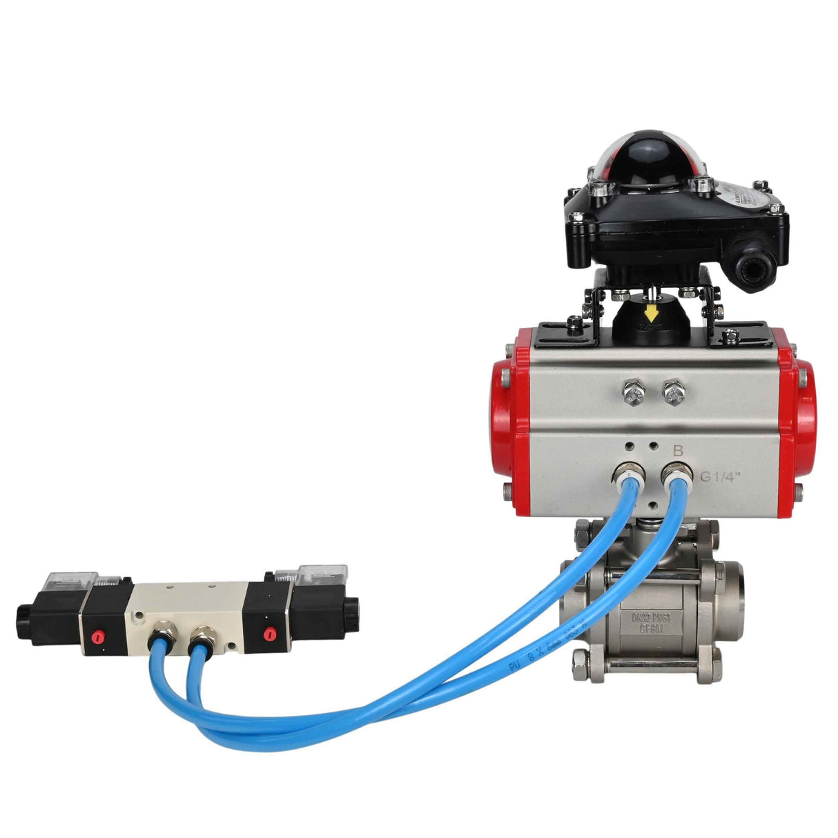 Ball valves Elephant BV3232P(3pc)-FP-W-ISO-H 16 bar/25, full bore for welding, stainless steel SS316, seal - PTFE, with double-acting PA-DA pneumatic actuator, with pneumatic distributor 4V320-08 220V, with LSU APL-210N