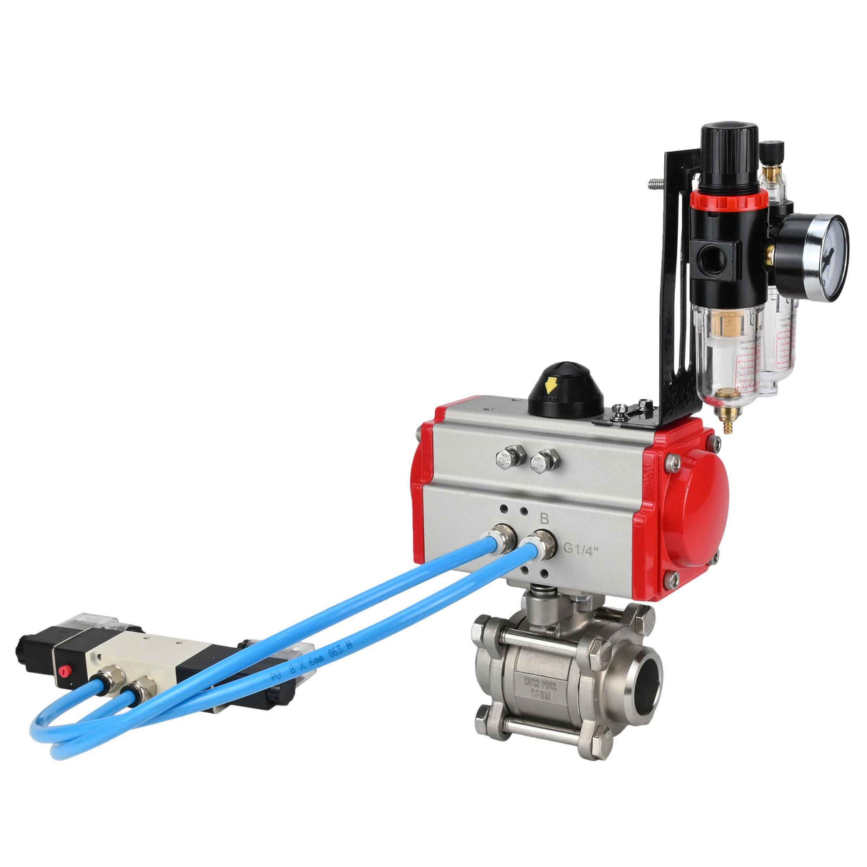 Ball valves Elephant BV3232P(3pc)-FP-W-ISO-H 16 bar/25, full bore for welding, stainless steel SS316, seal - PTFE, with double-acting PA-DA pneumatic actuator, with pneumatic distributor 4V320-08 220V, with ATU AFC2000