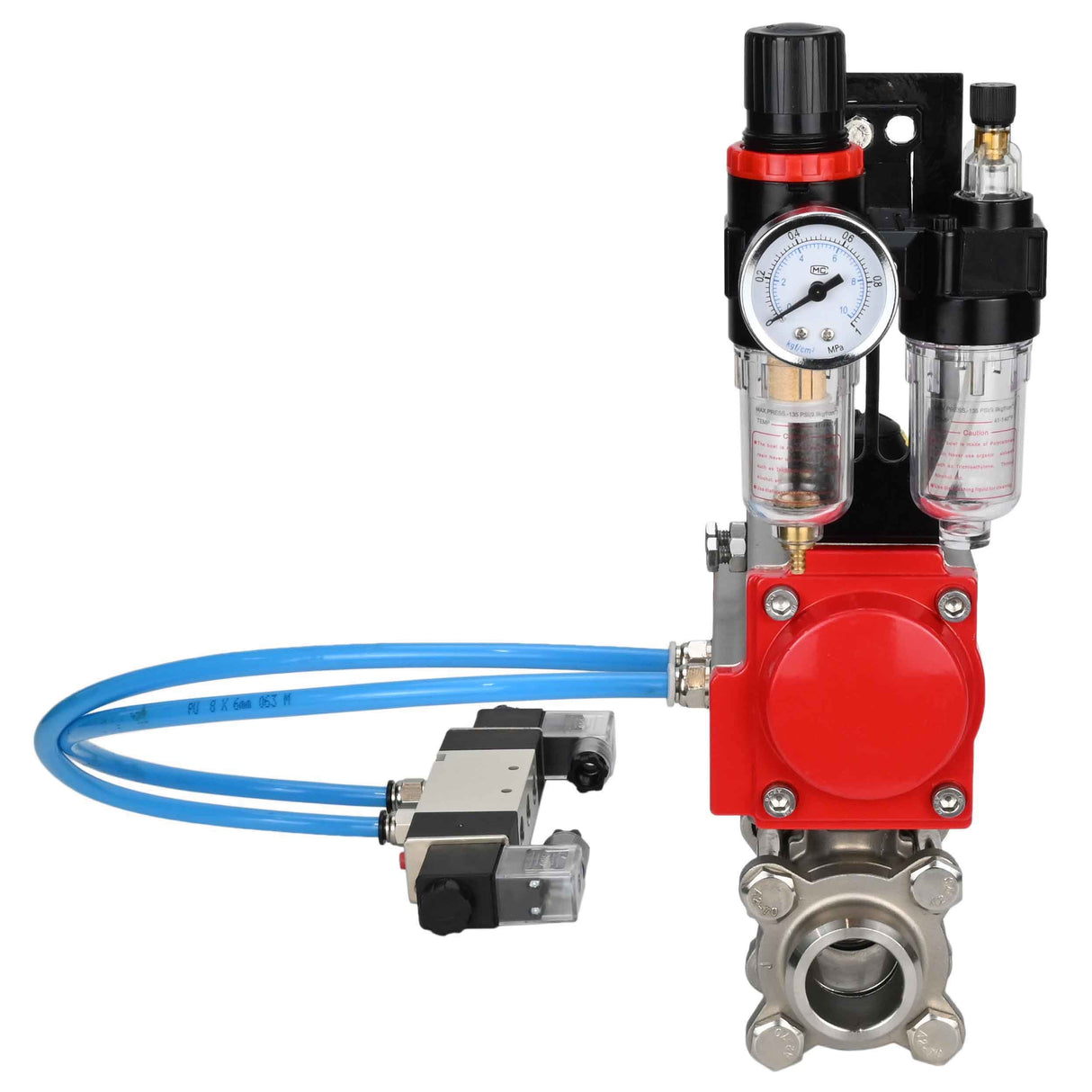 Ball valves Elephant BV3232P(3pc)-FP-W-ISO-H 16 bar/25, full bore for welding, stainless steel SS316, seal - PTFE, with double-acting PA-DA pneumatic actuator, with pneumatic distributor 4V320-08 220V, with ATU AFC2000