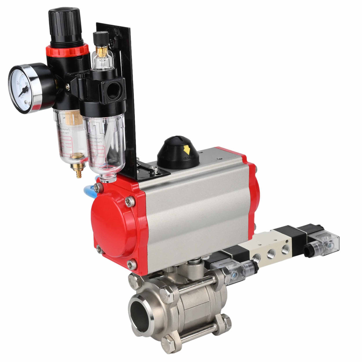 Ball valves Elephant BV3232P(3pc)-FP-W-ISO-H 16 bar/25, full bore for welding, stainless steel SS316, seal - PTFE, with double-acting PA-DA pneumatic actuator, with pneumatic distributor 4V320-10 220V, with ATU AFC2000