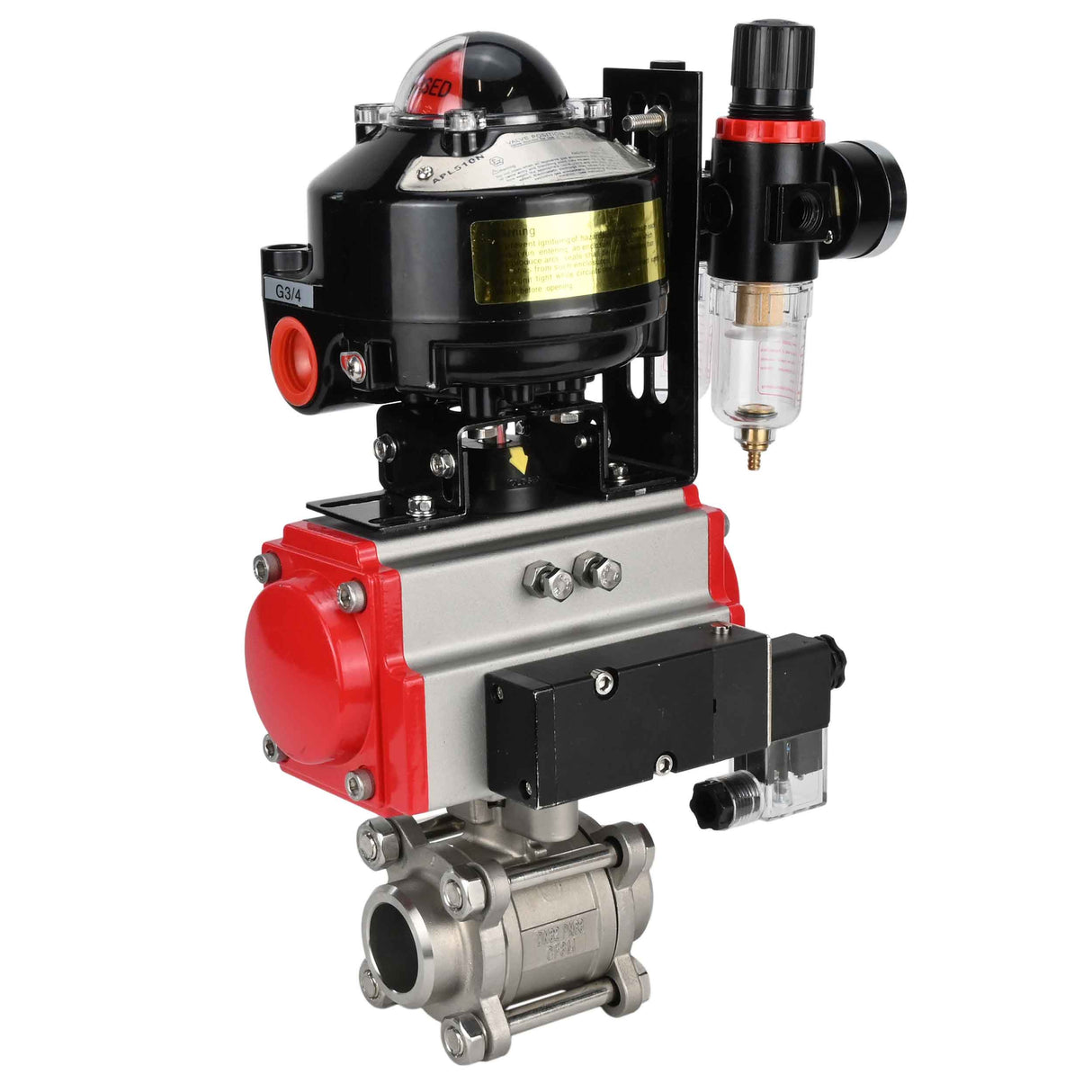 Ball valves Elephant BV3232P(3pc)-FP-W-ISO-H for welding, full bore, stainless steel body. steel SS316, seal - PTFE, with pneumatic actuator Elephant PA-SA 052-130 pneumatic distributor 4M310-08 NAMUR 24V ATU AFC2000 APL-510N-EX