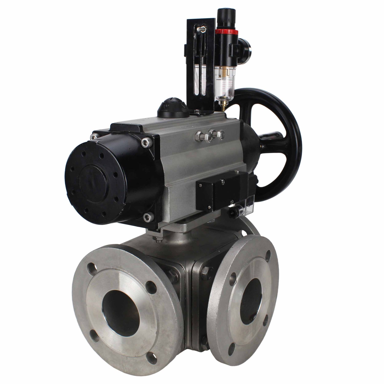 Ball valves Elephant BV3232P(4pc)-FP-3WL-F-ISO-H DN100 16 bar full bore, flanged, body - stainless steel SS316, ISO flange F10/F12, square 19x19, with double pneumatic actuator PA-DA-105-1 action, pneumatic distributor 4M310-08 220V and ATU AFC2000