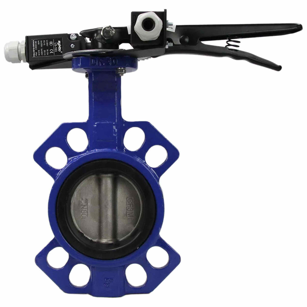 Water Butterfly Valve Elephant WCB-316L-VITON body material - Carbon steel WCB, disk material - Stainless steel aisi 316l, seal - Viton with handle, two limit switches LS-103 250V and a bracket for mounting limit switches