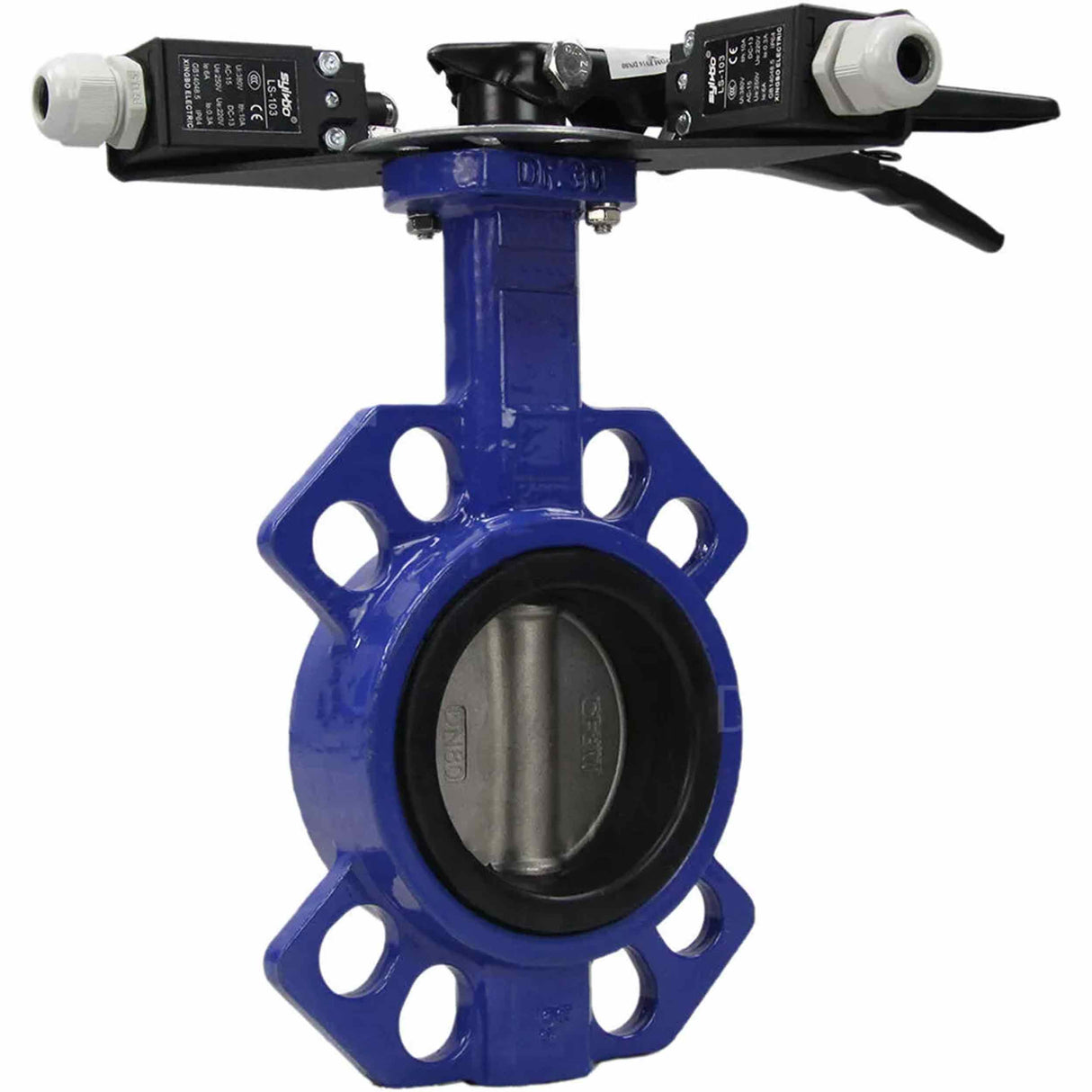 Water Butterfly Valve Elephant WCB-316L-VITON body material - Carbon steel WCB, disk material - Stainless steel aisi 316l, seal - Viton with handle, two limit switches LS-103 250V and a bracket for mounting limit switches