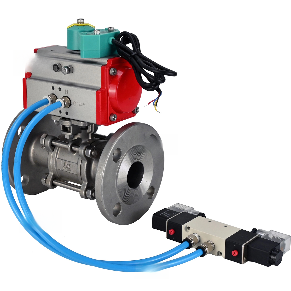 Ball valves Elephant BV3131P(3pc)-FP-F-ISO-H DN15-100 16/40 bar full-bore three-piece, flanged, 304 stainless steel, seal - PTFE, with PA-SA pneumatic actuator, pneumatic distributor 4V320-10 220V and ALS200D magnetic switch