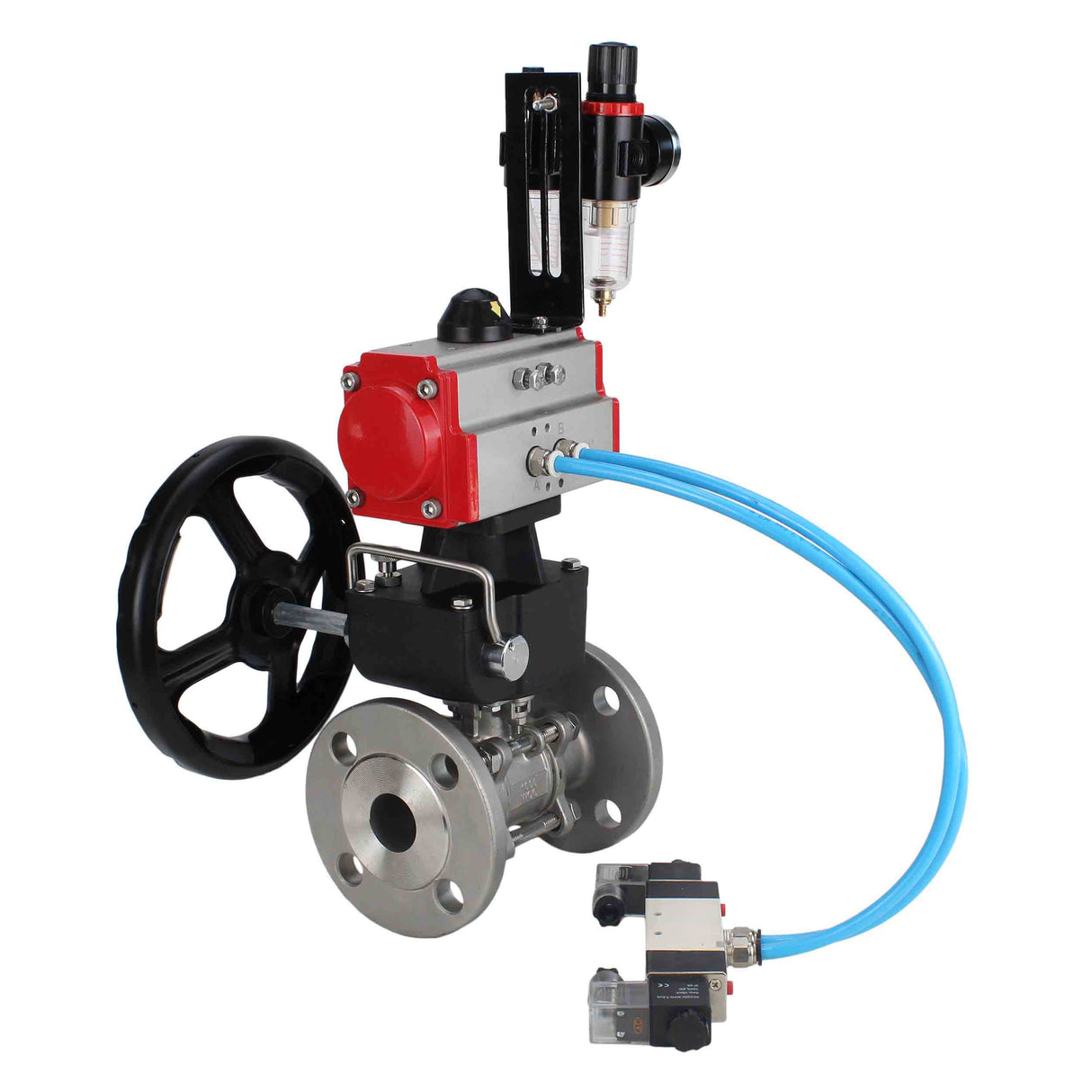 Ball valves Elephant BV3131P(3pc)-FP-F-ISO-H DN15-40 16 bar, three-piece full bore flanged, stainless steel SS304, PTFE, with double-acting PA-DA pneumatic actuator, with pneumatic distributor 4V320-08 220V, manual DNbler MON1-250-T26-ISO, with ATU AFC20