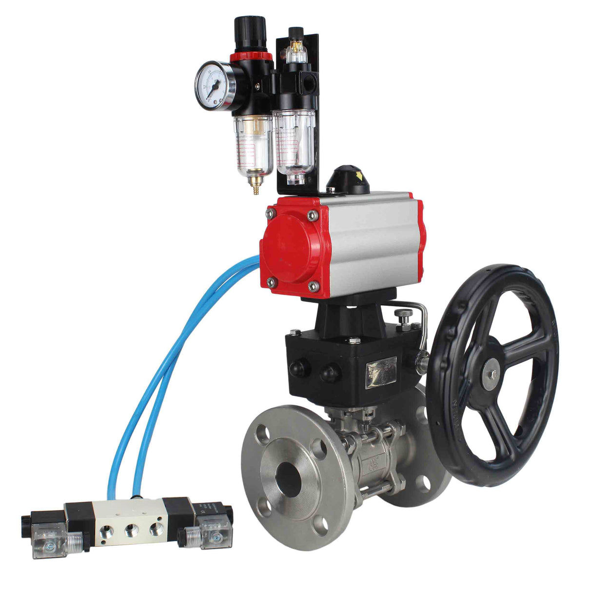 Ball valves Elephant BV3131P(3pc)-FP-F-ISO-H DN15-40 16 bar, three-piece full bore flanged, stainless steel SS304, PTFE, with double-acting PA-DA pneumatic actuator, with pneumatic distributor 4V320-08 220V, manual DNbler MON1-250-T26-ISO, with ATU AFC20