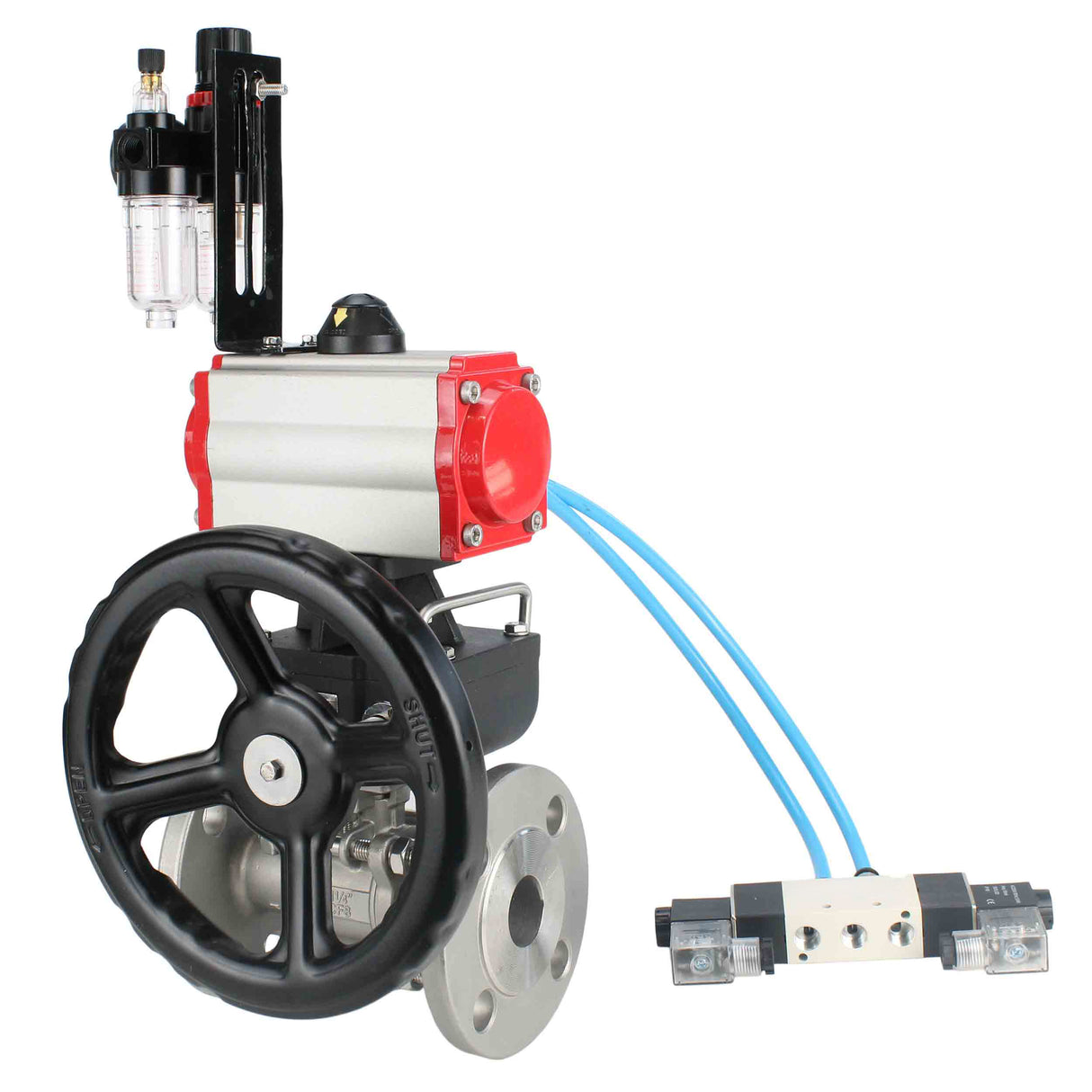 Ball valves Elephant BV3131P(3pc)-FP-F-ISO-H DN15-40 16 bar, three-piece full bore flanged, stainless steel SS304, PTFE, with double-acting PA-DA pneumatic actuator, with pneumatic distributor 4V320-08 220V, manual DNbler MON1-250-T26-ISO, with ATU AFC20