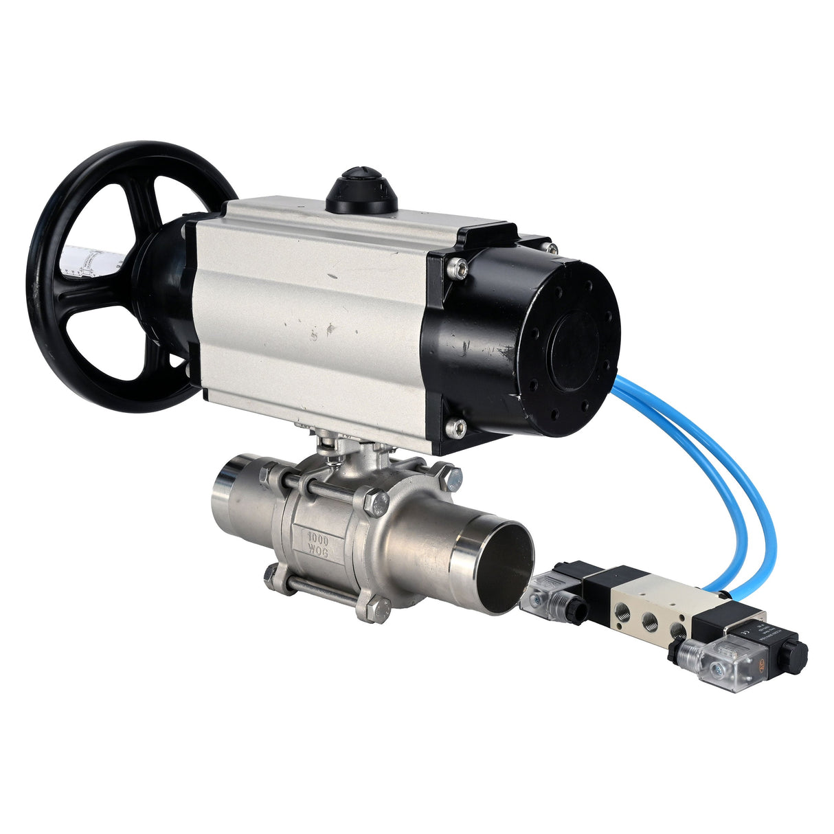 Ball valves Elephant BV3131P(3pc)-FP-W-ISO-H LONG, body material - Stainless steel AISI 304, seal - PTFE / PTFE / Teflon, with pneumatic actuator double action PA-DA-105-1, 4V320-10 220V