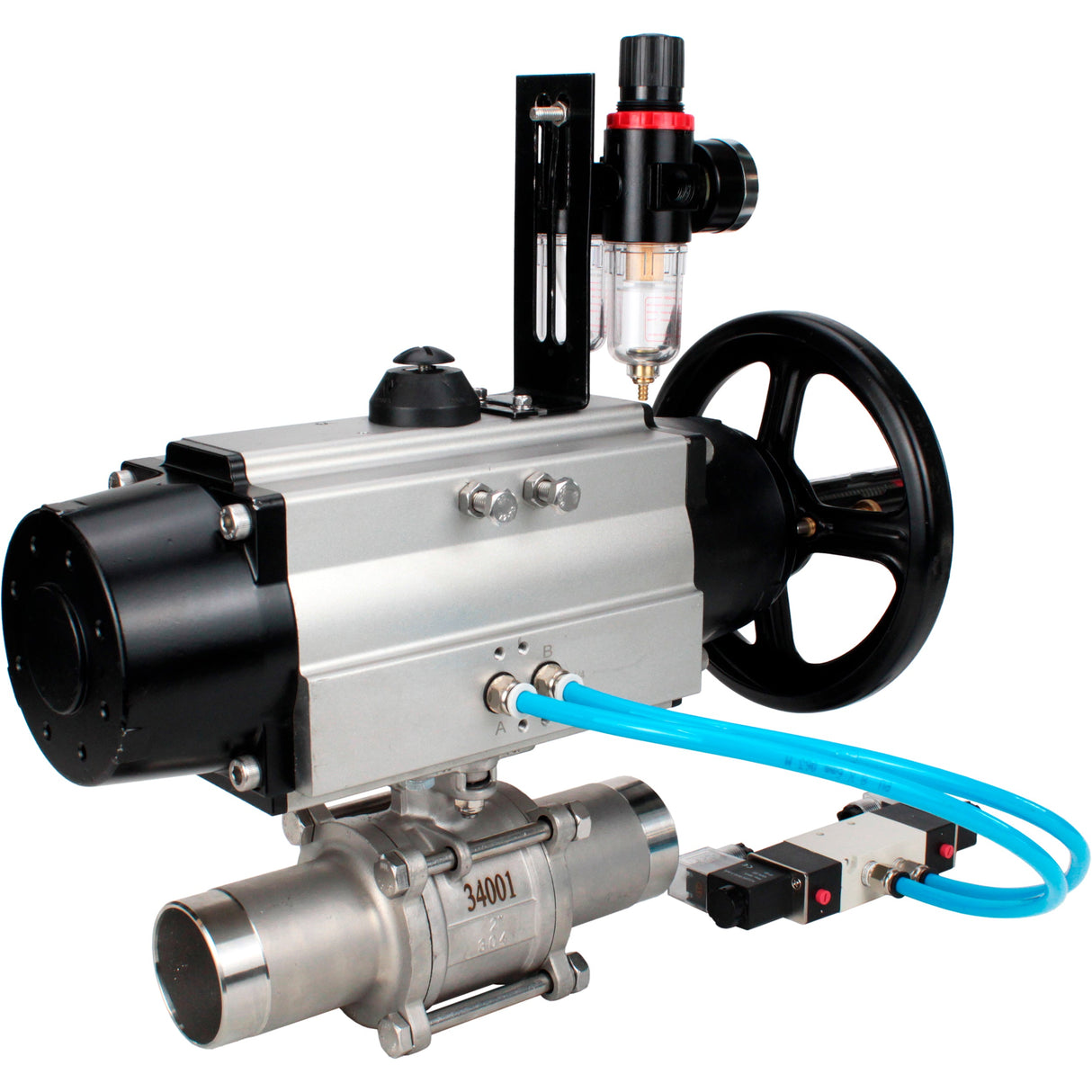 Ball valves Elephant BV3131P(3pc)-FP-W-ISO-H LONG, body material - Stainless steel AISI 304, seal - PTFE / PTFE / Teflon, with pneumatic actuator double action PA-DA-105-1, 4V320-10 220VATU AFC2000