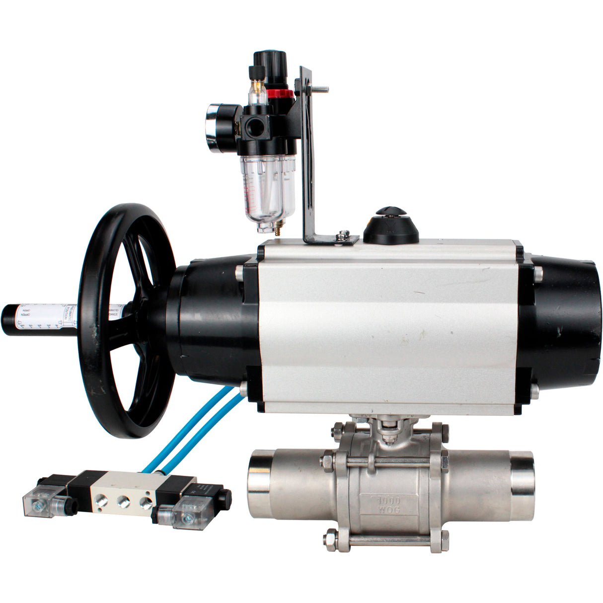 Ball valves Elephant BV3131P(3pc)-FP-W-ISO-H LONG, body material - Stainless steel AISI 304, seal - PTFE / PTFE / Teflon, with pneumatic actuator double action PA-DA-105-1, 4V320-10 220VATU AFC2000