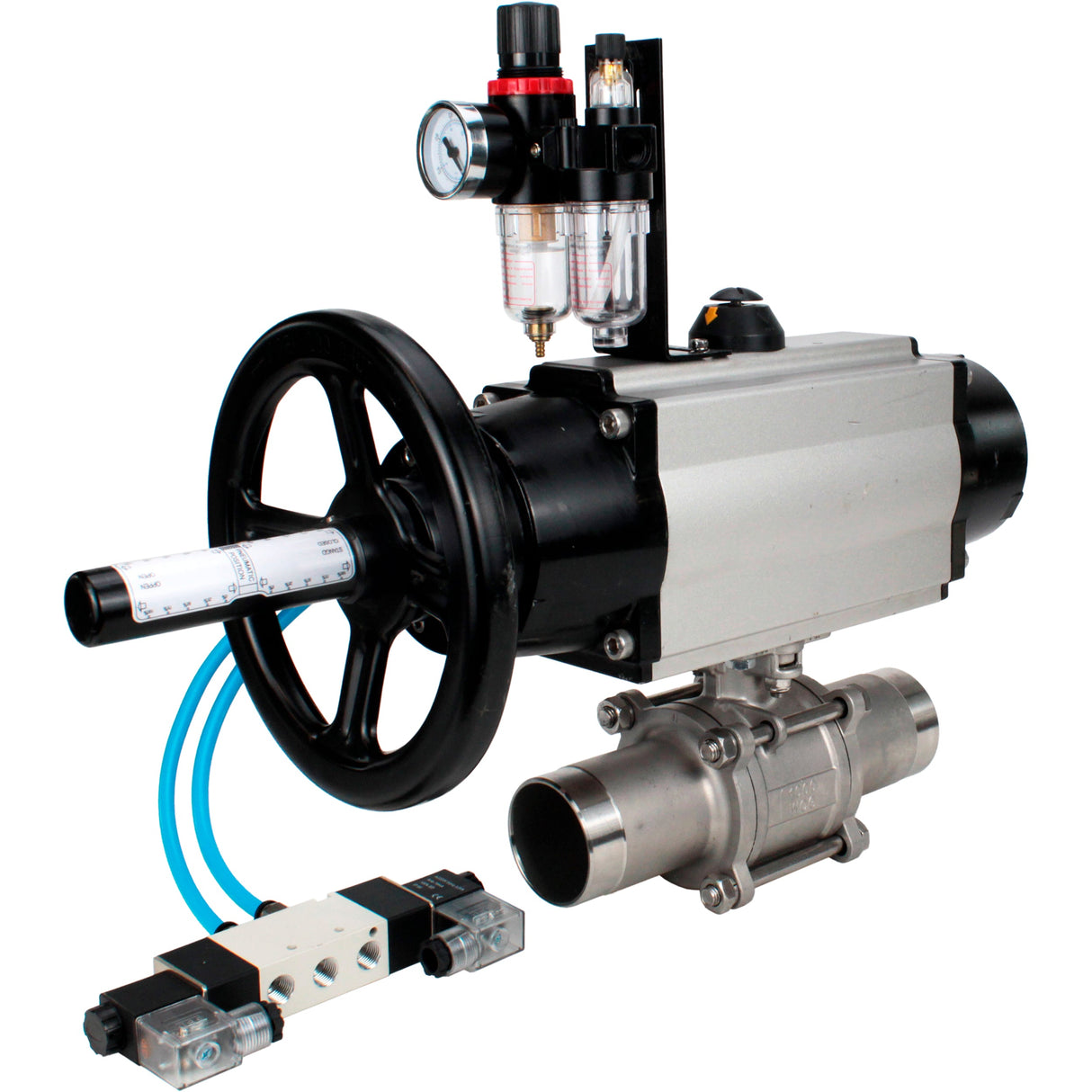 Ball valves Elephant BV3131P(3pc)-FP-W-ISO-H LONG, body material - Stainless steel AISI 304, seal - PTFE / PTFE / Teflon, with pneumatic actuator double action PA-DA-105-1, 4V320-10 220VATU AFC2000