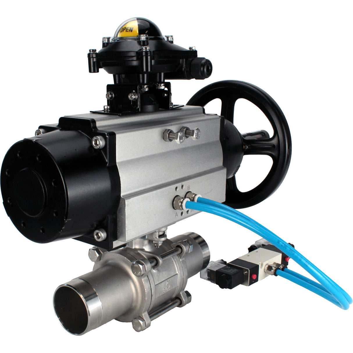 Ball valves Elephant BV3131P(3pc)-FP-W-ISO-H LONG, body material - Stainless steel AISI 304, seal - PTFE / PTFE / Teflon, with pneumatic actuator double action PA-DA-105-1, 4V320-10 220V, LSU APL-210N