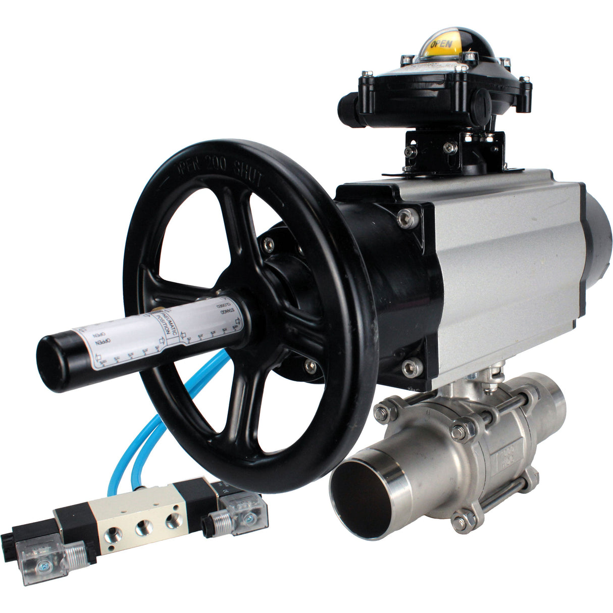 Ball valves Elephant BV3131P(3pc)-FP-W-ISO-H LONG, body material - Stainless steel AISI 304, seal - PTFE / PTFE / Teflon, with pneumatic actuator double action PA-DA-105-1, 4V320-10 220V, LSU APL-210N