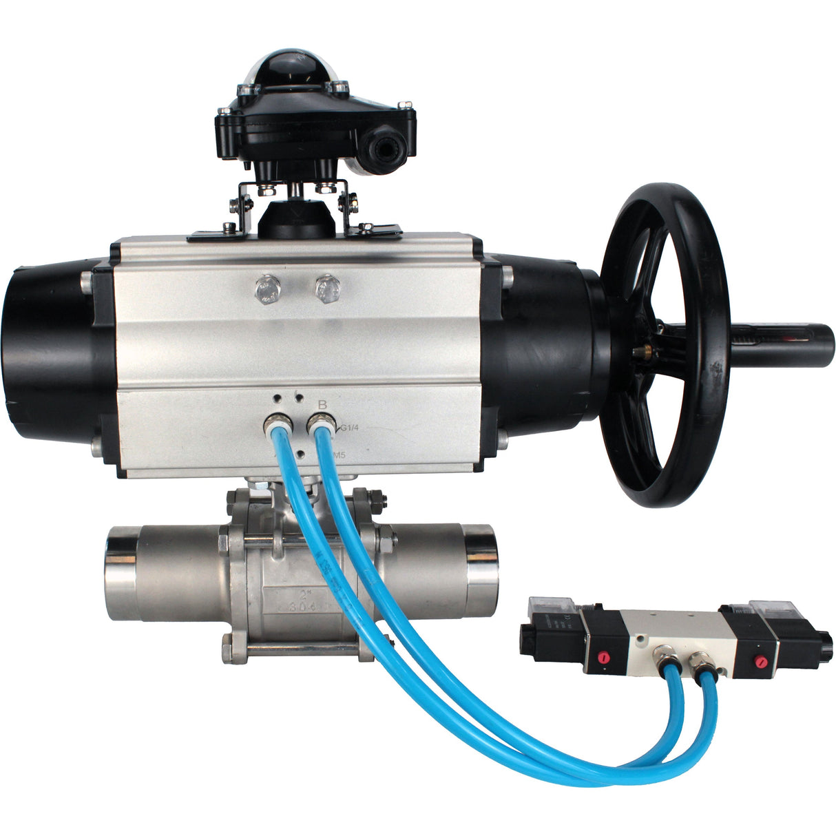 Ball valves Elephant BV3131P(3pc)-FP-W-ISO-H LONG, body material - Stainless steel AISI 304, seal - PTFE / PTFE / Teflon, with pneumatic actuator double action PA-DA-105-1, 4V320-10 220V, LSU APL-210N