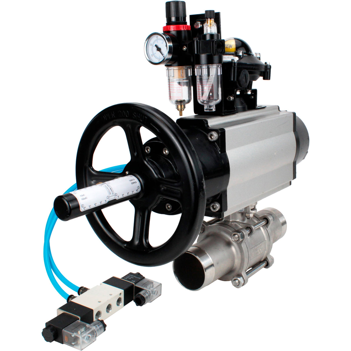 Ball valves Elephant BV3131P(3pc)-FP-W-ISO-H LONG, body material - Stainless steel AISI 304, seal - PTFE / PTFE / Teflon, with pneumatic actuator double action PA-DA-105-1, 4V320-10 220V, LSU APL-210N, ATU AFC2000