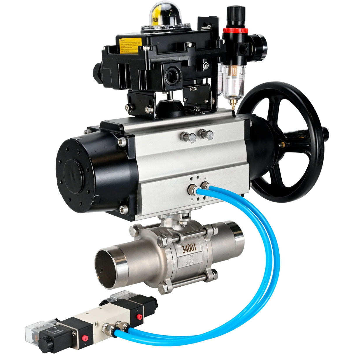 Ball valves Elephant BV3131P(3pc)-FP-W-ISO-H LONG, body material - Stainless steel AISI 304, seal - PTFE / PTFE / Teflon, with pneumatic actuator double action PA-DA-105-1, 4V320-10 220V, LSU APL-410N Ex, ATU AFC2000