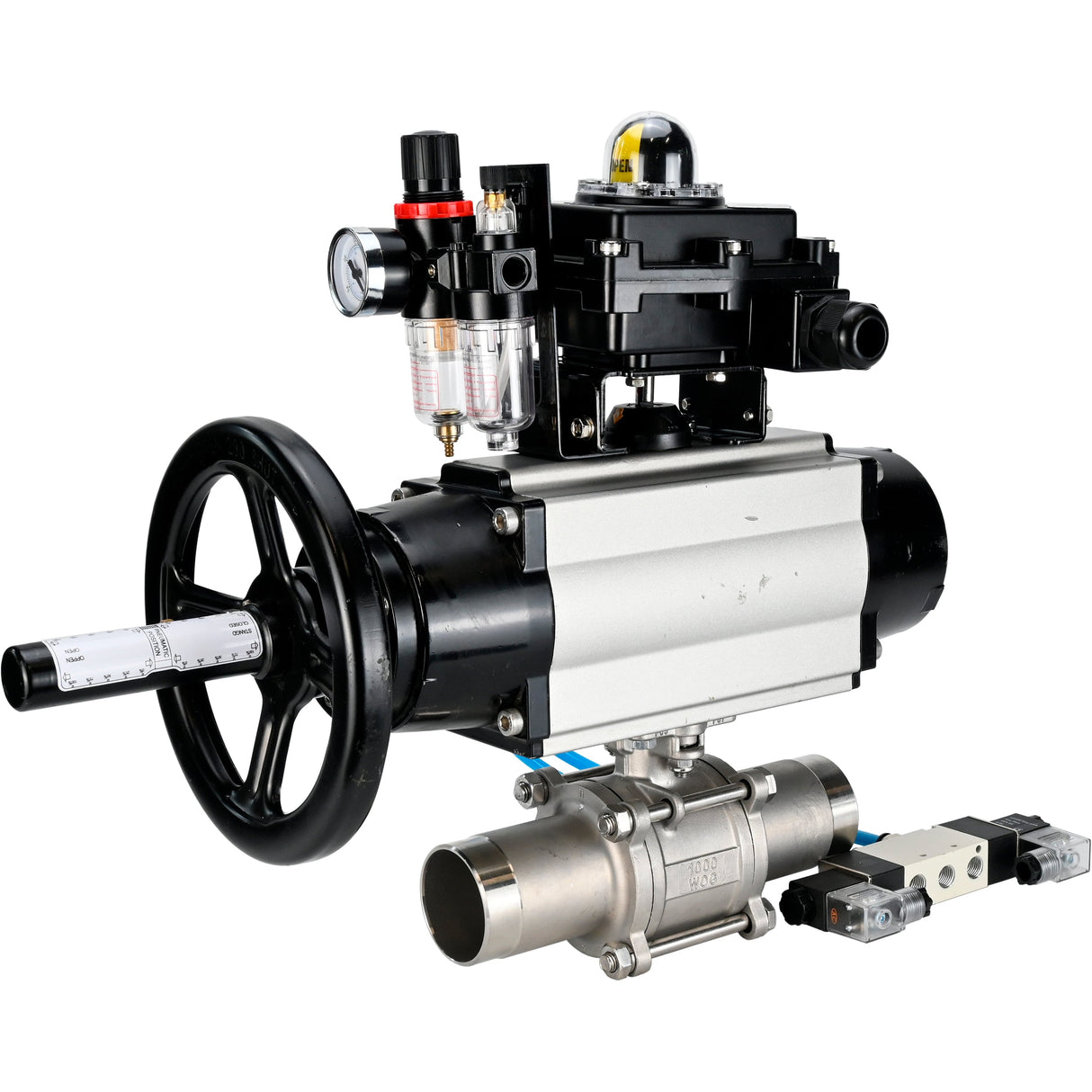 Ball valves Elephant BV3131P(3pc)-FP-W-ISO-H LONG, body material - Stainless steel AISI 304, seal - PTFE / PTFE / Teflon, with pneumatic actuator double action PA-DA-105-1, 4V320-10 220V, LSU APL-410N Ex, ATU AFC2000