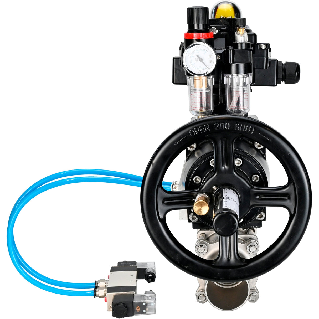 Ball valves Elephant BV3131P(3pc)-FP-W-ISO-H LONG, body material - Stainless steel AISI 304, seal - PTFE / PTFE / Teflon, with pneumatic actuator double action PA-DA-105-1, 4V320-10 220V, LSU APL-410N Ex, ATU AFC2000